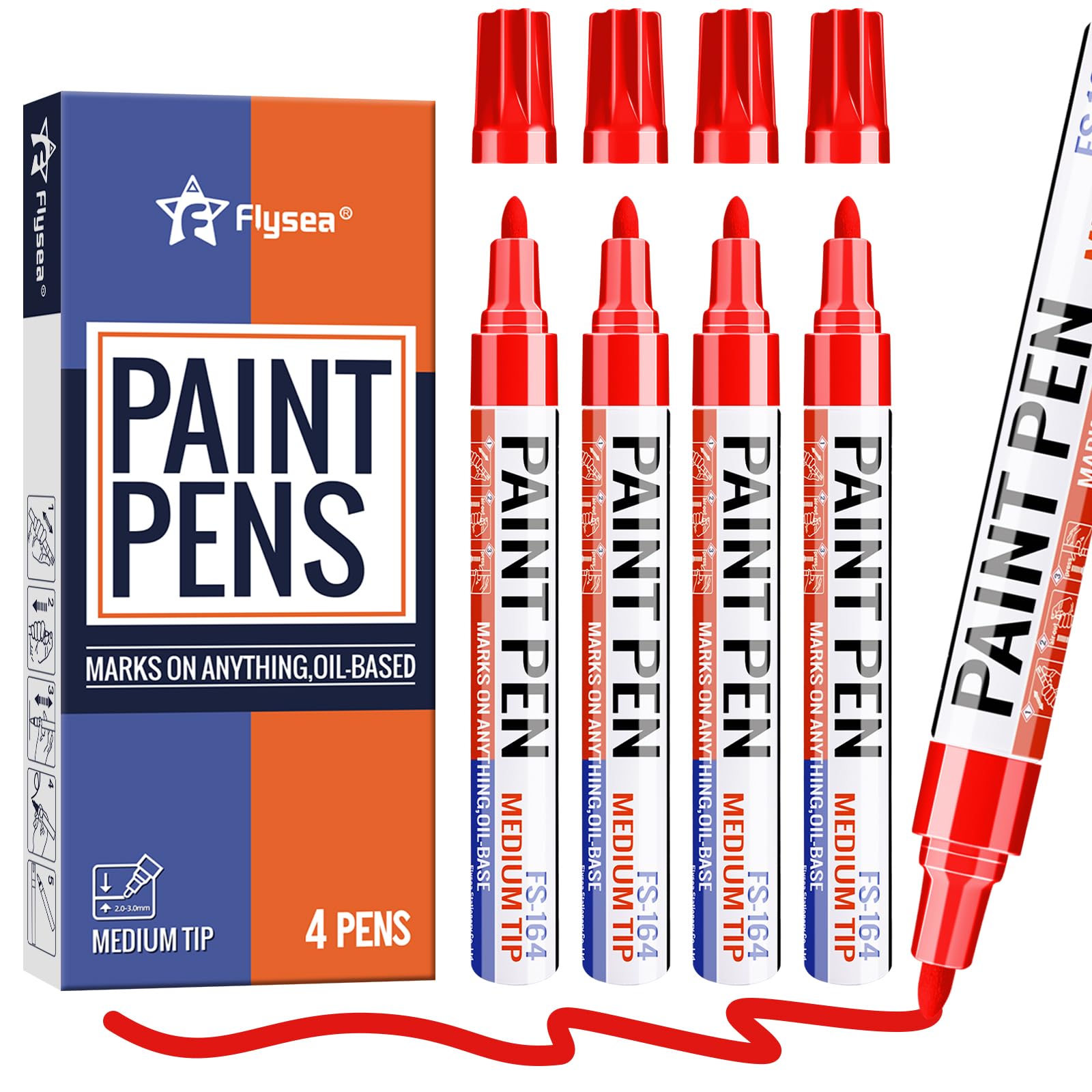 Alitastro Red Paint Pens Permanent Marker Pen 4 Pcs Waterproof Oil Based Paint Markers 3mm Medium Round Tip Quick-drying Paint Marker Pens for Rock Painting, Black Paper, Metal, Tyre, Glass, Wood