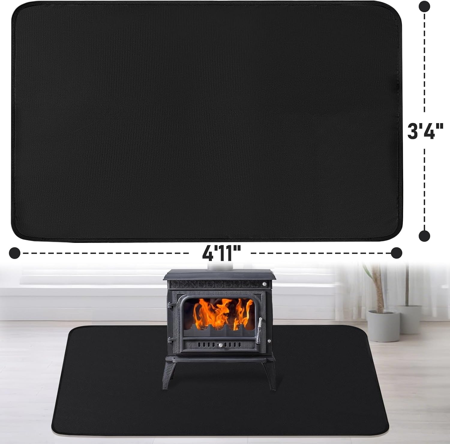 Fireplace Mat, 3'4'' x 4'11'' x 0.04'' Fireplace Rug, Hearth Rug for Wood Stove Fireplace Indoor Outdoor, Thin Fireplace Rugs Fire Resistant Protects Floors Carpets from Sparks Embers, Black