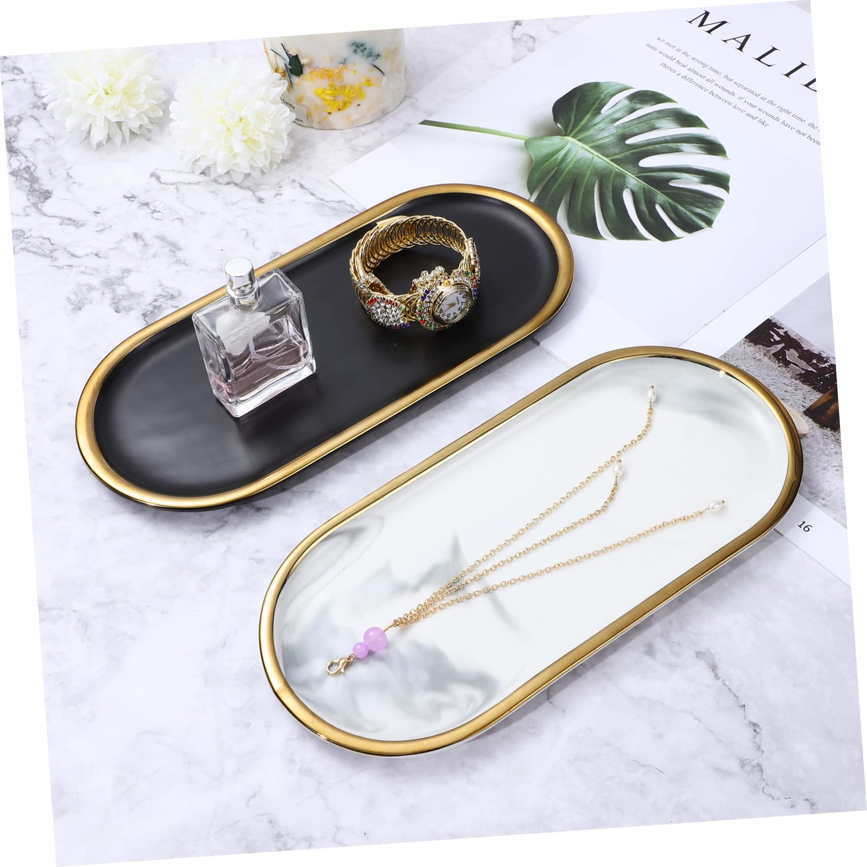 Alipis Bandeja de Baño Ovalada Cerámica de Alta Temperatura, de Mármol, 2 Piezas, Diseño Elegante para Perfumes y Velas, Decoración de Baño