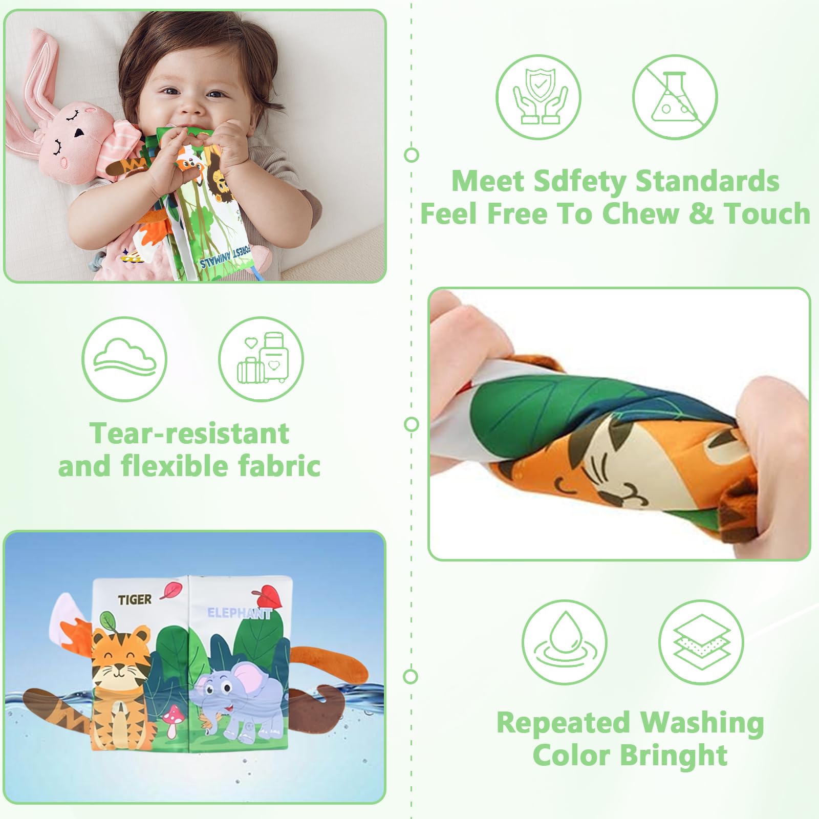 JAONLD Baby Book Cloth Toys Jungle Tails Sensory Book Soft Fabric Crinkle Pram Early Development Interactive Newborn Gifts for 0 3 6 12 Months Boys Girls - Image 3