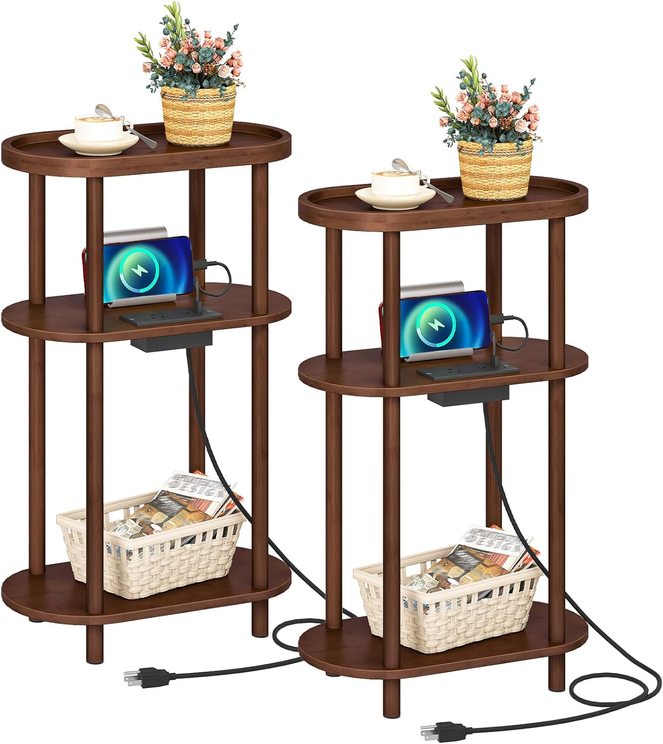 HOOBRO Small Narrow Side Table with Charging Station, 3-Tier Bamboo Narrow End Table, Slim End Table for Small Spaces, Skinny Oval Nightstand for Living Room, Bedroom, Apartment, Mocha MA178UBZP201