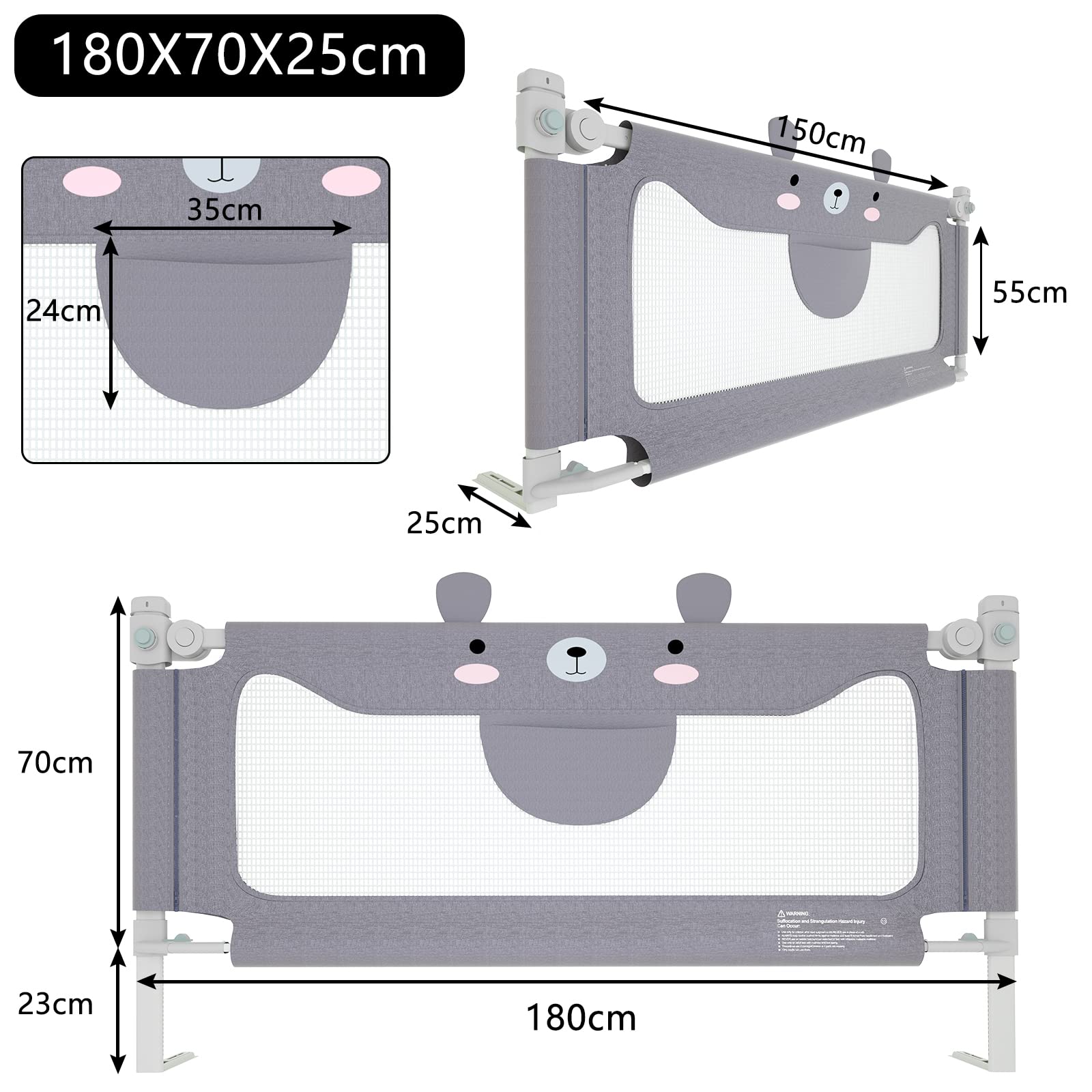 Aufun Barrera de Cama, protección anticaídas, 180 x 70 cm, Altura Regulable, Rejilla para Cama Infantil con Red ventilada, protección de Doble Bloqueo, Bloqueo de Seguridad, fácil Montaje