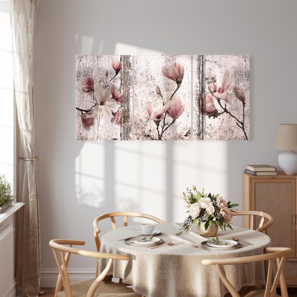 murando - Tableau triptyque mural Ensemble 180x90 cm (3 pièces de 60x90 cm chacune) – Impression sur toile avec cadre pour salon et chambre - Fleurs de magnolia sur bois vintage b-C-0374-b-q