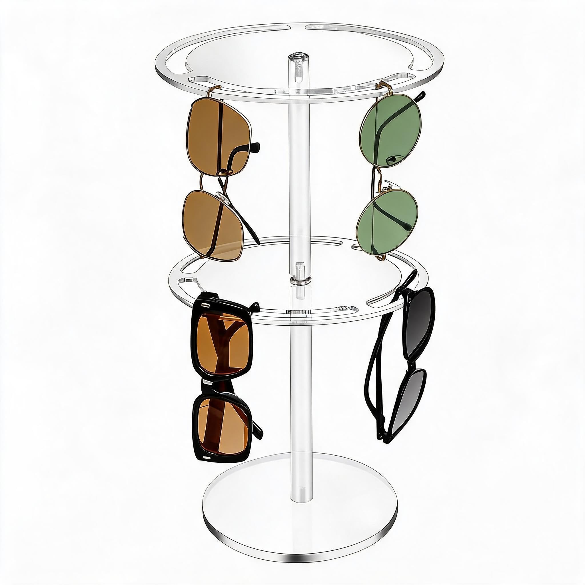 GarveeLife Double Layer Rotating Acrylic Sunglasses Organizer Stand – Holds 24 Pairs – 360° Rotatable Eyewear Display Shelf – Tabletop Storage Rack – For Office or Retail – Transparent