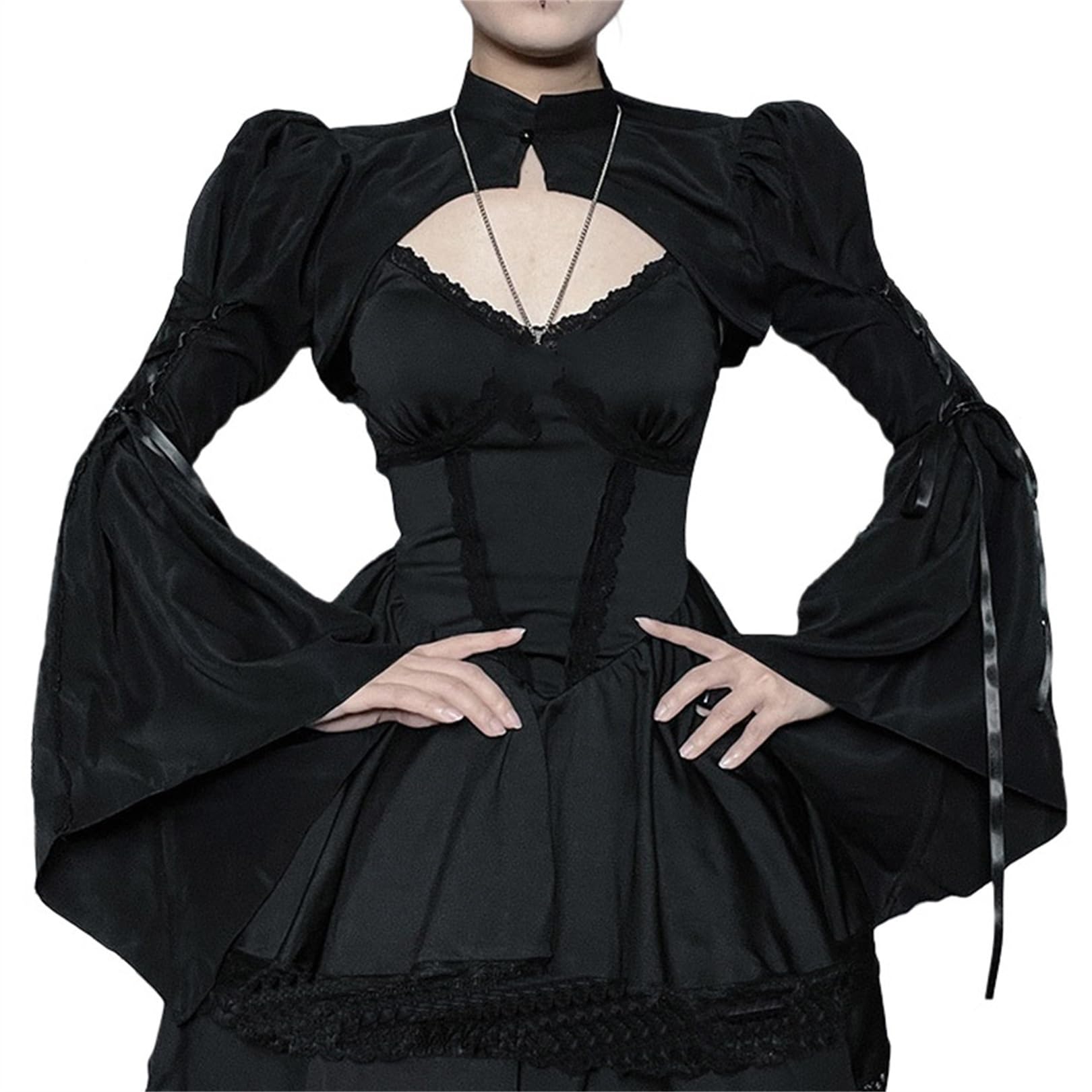 Womens Victorian Gothic Mock Neck Crop Shrug Top - Lace-up Bell Long Sleeve Bolero for Evening Dress Going
