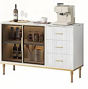 GAOMON Buffet Sideboard Cabinet with Storage, 46.4" Large Fluted Kitchen Sideboard Cabinet with 2 Glass Doors 3 Drawers and Shelves, Faux Marble Top Buffet Table for Dining Room, Living Room, White