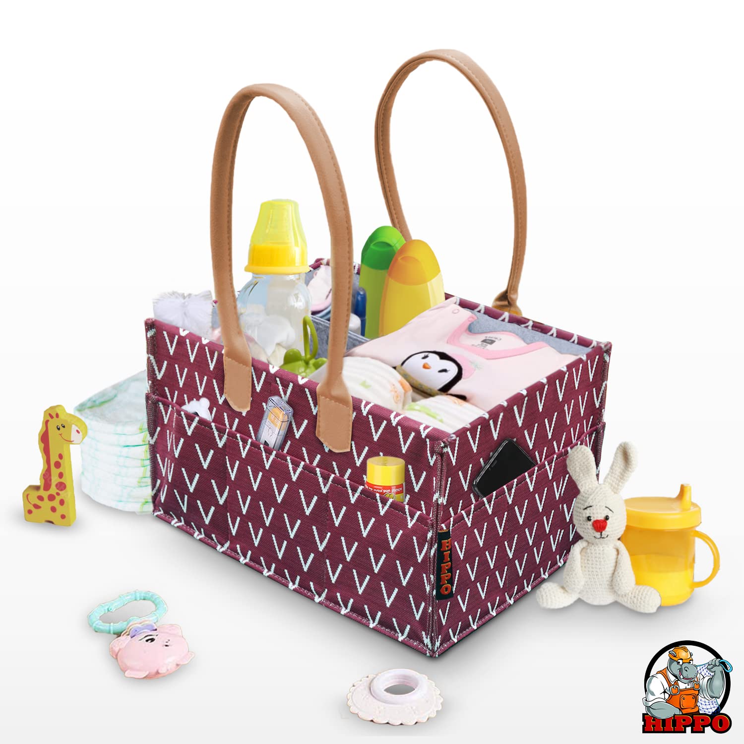 HIPPO Cute Diaper Caddy Bag for Smart Mothers, Baby Diaper Caddy Organizers - Felt Storage Mother Bags - for Diaper & Baby Wipes, Nursery Storage Foldable and Portable (Wine-Tent, Large) 1