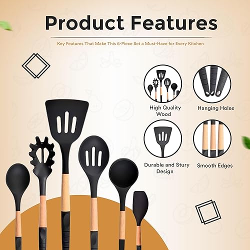 Miniatura 8 de Juego de utensilios de cocina, edición especial con mango de silicona, herramientas de cocina de silicona, 6 piezas, negro, 12.9 pulgadas de largo,
