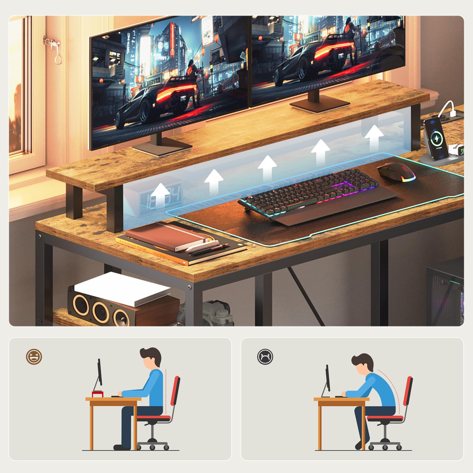 RALGEND L-förmiger Eckschreibtisch mit Steckdosen, Schreibtisch mit 3 Schubladen und Monitorständer, Computertisch mit Regal, 120 cm Gaming-Tisch für Büro, Home Office, Vintagebraun und Schwarz