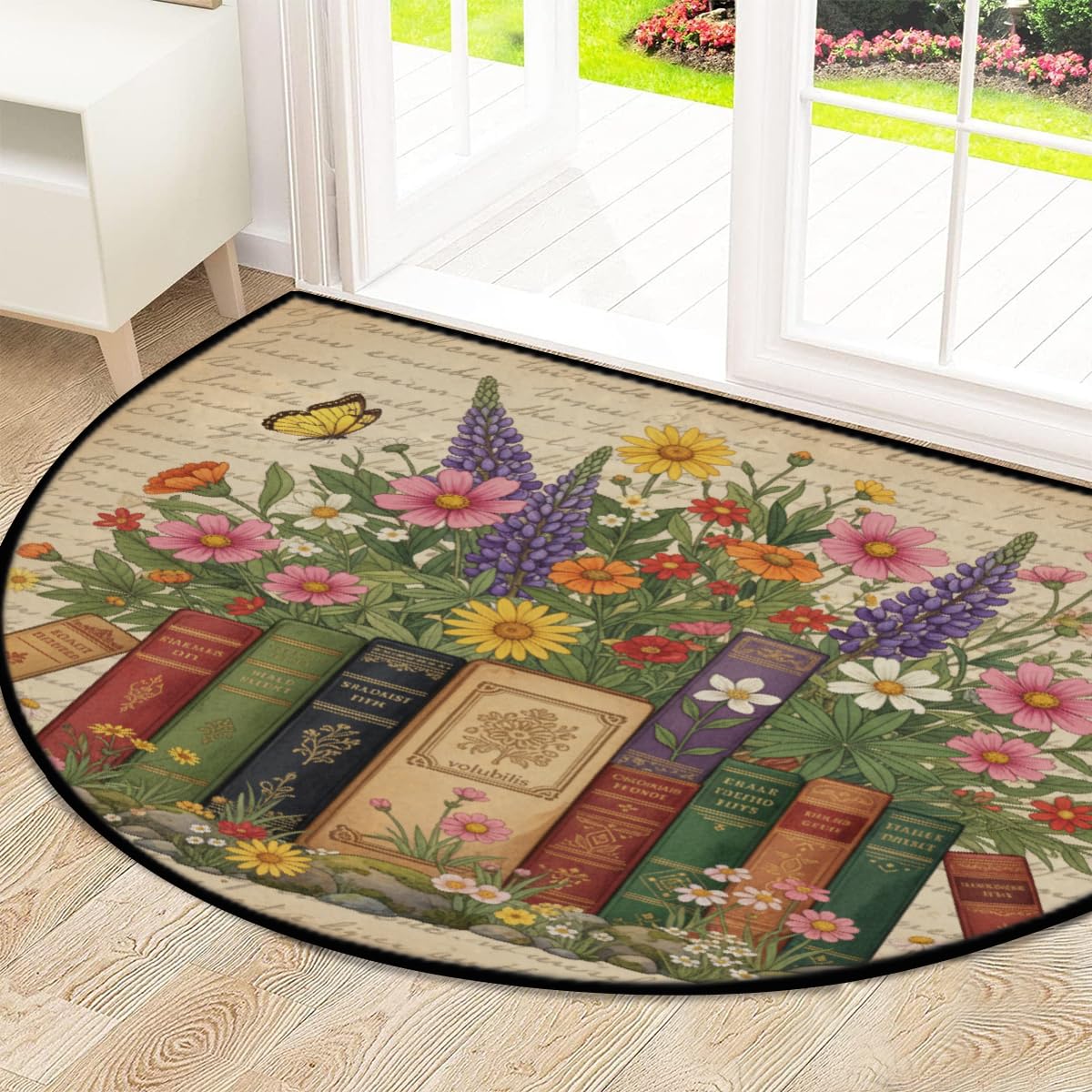 Große halbrunde Fußmatte – Bücher Blumen waschbar rutschfest halbrund Eingangsbereich Teppich – niedlicher, weicher, halbrund, saugfähiger Teppich für Küche, Badezimmer, Schlafzimmer, 160 x