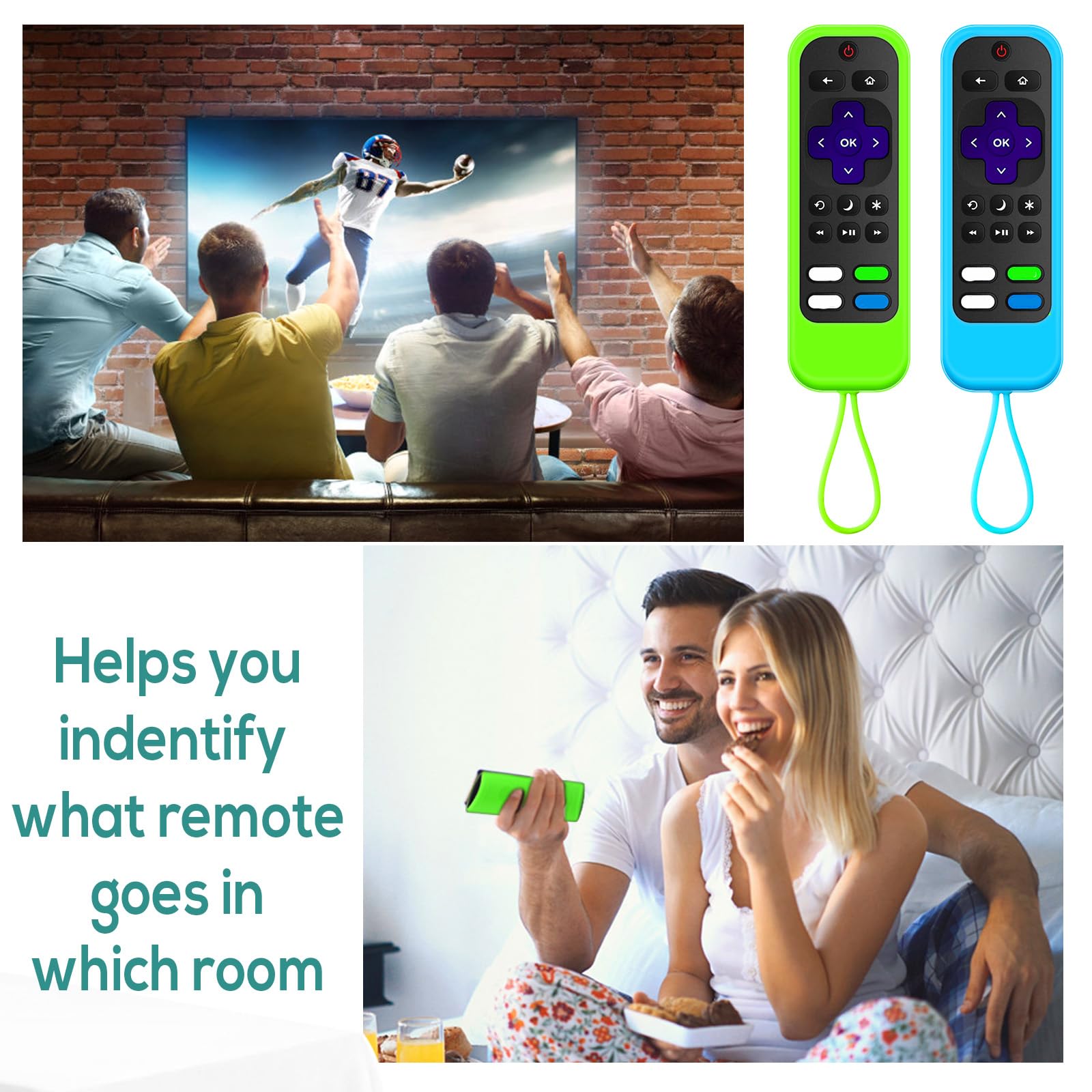 Roku - Funda para mando a distancia Roku (2 unidades), compatible con Roku Express, Roku Streaming Stick+ Roku Express 4K+ 2021, Roku Ultra (verde claro + azul luminoso)