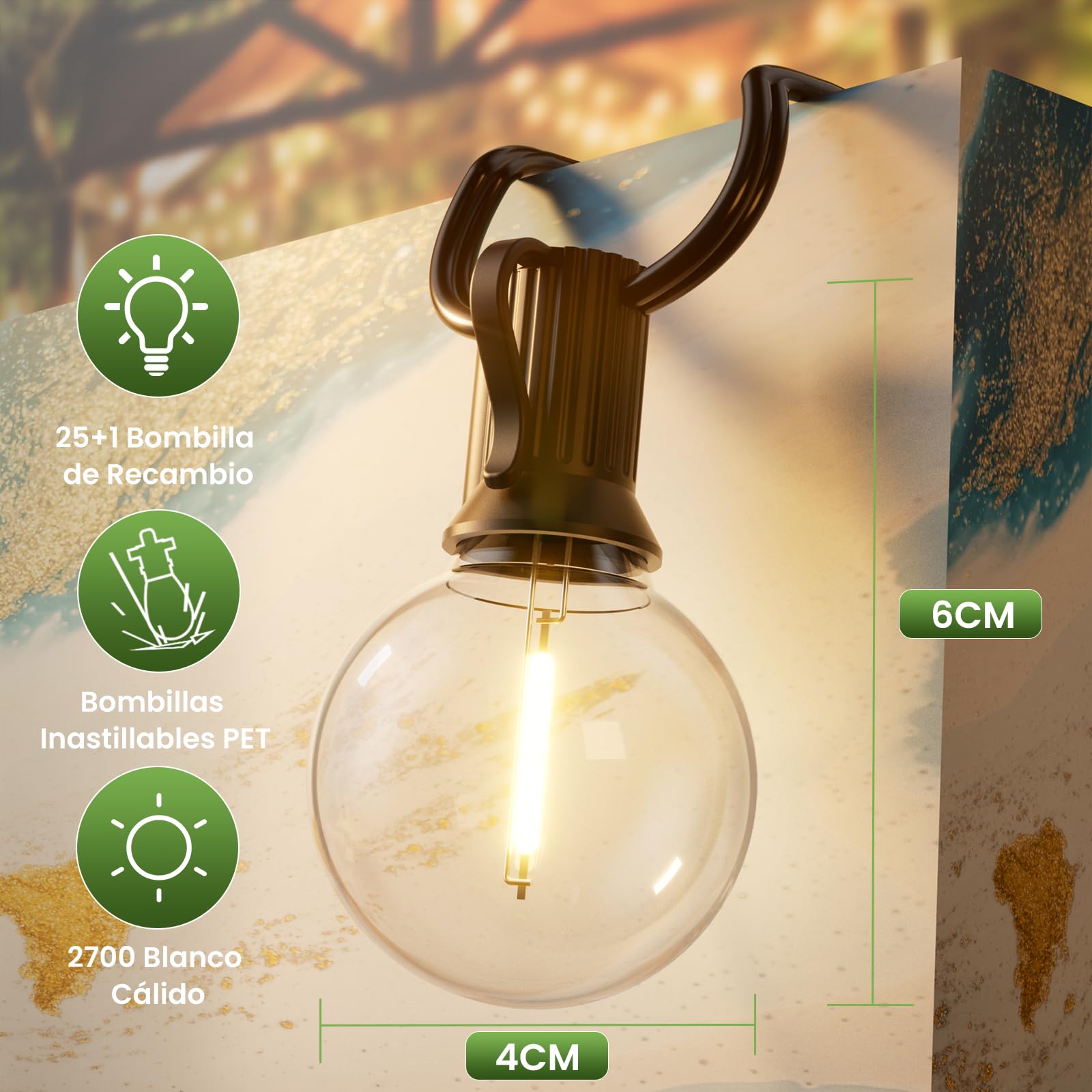 Yuusei Guirnalda Luces Exterior, Luces LED 15M Solares Exterior IP65 | Impermeable IP65 & 2700K Blanco Cálido, Bombillas 25+1 G40 Irrompibles Luz para Jardin, Decoracion, Terraza, Pergolas Toldos