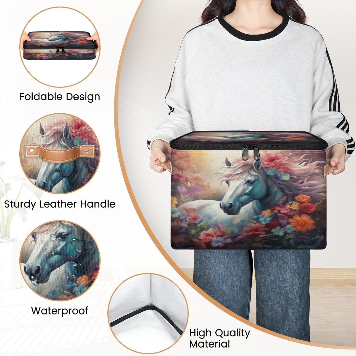 Storage Bin Set of 2 Animal Horse Floral Storage Basket with Zipper Lid & Handle Foldable Closet Shelf 2 Pack Cloth Organizer Basket Cube Bins Clothes Organizer for Bedroom, Nursery