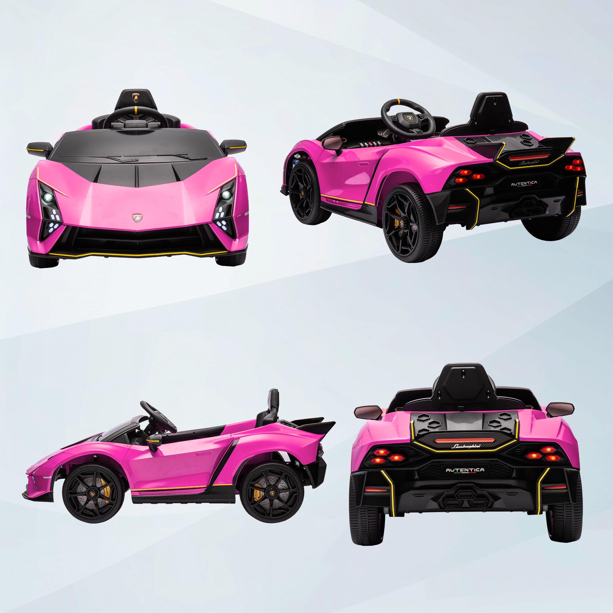AIYAPLAY Coche Eléctrico para Niños de +3 Años Lamborghini Autentica 2 Motores Potentes Coche Eléctrico con Batería 12V Velocidad 3-5 km/h Mando a Distancia 2,4G Faros Bocina Arranque Suave y MP3 Rosa