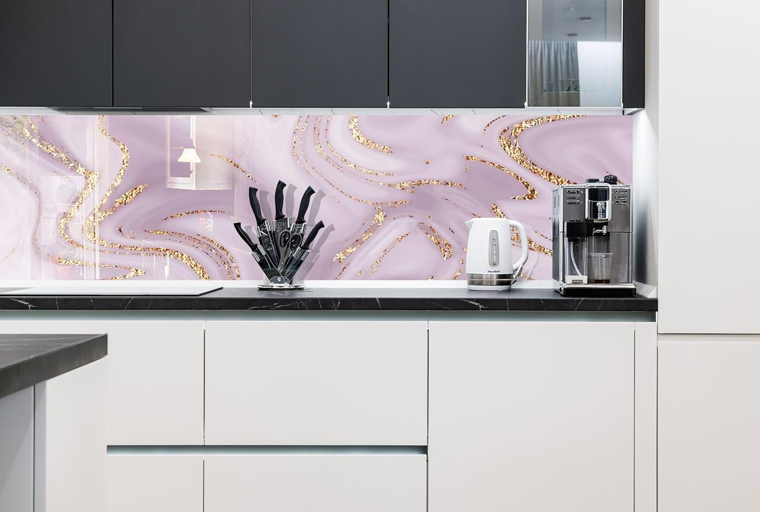 Myphotostation.com 23.5Wx12H''Tempered Glass Gold Backsplash Design Cooker Wall Backsplash Panel Glass Splashback for Kitchen Panel Design Abstract Pink Splashback