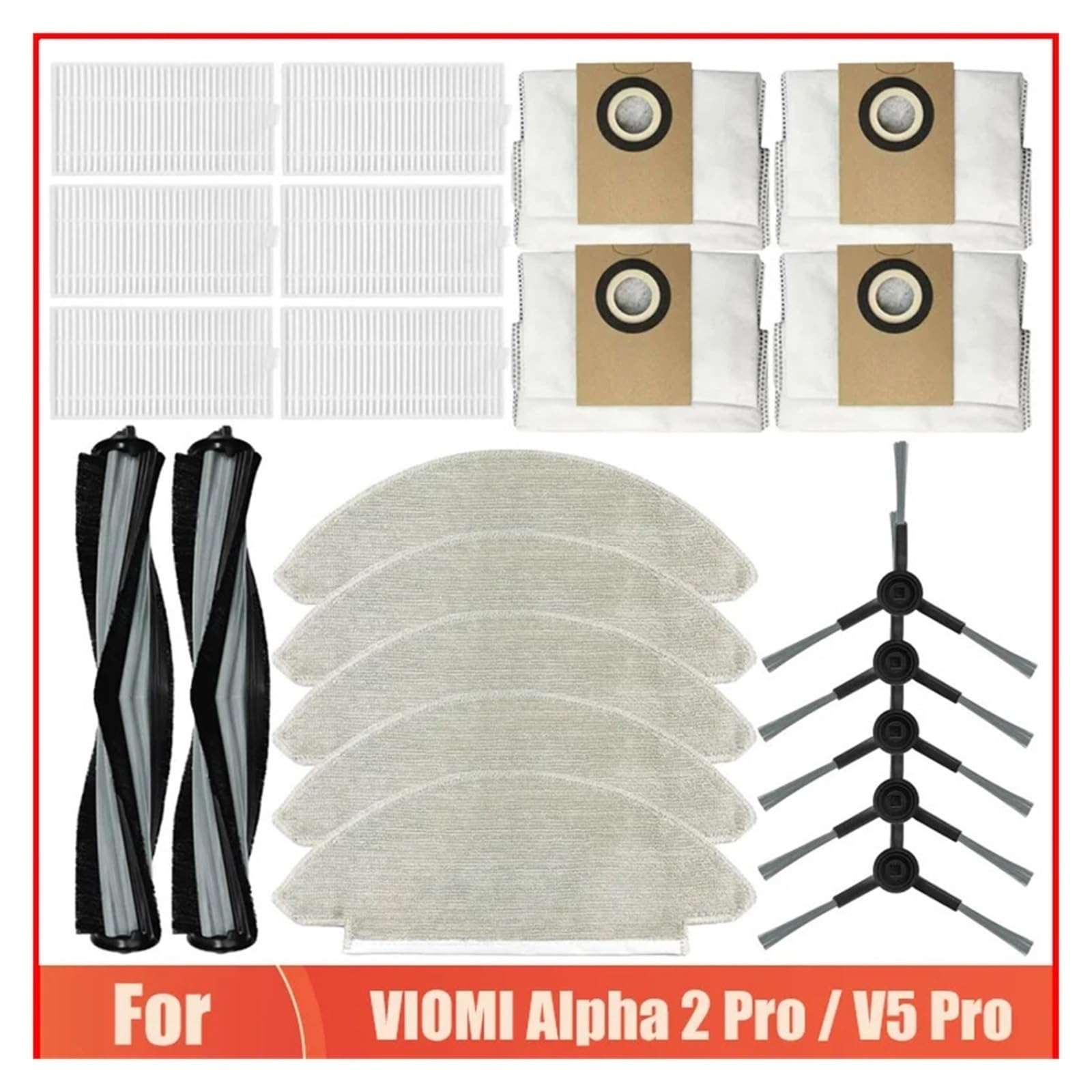 Szczotka boczna odkurzacza, Compatible With Viomi Alpha 2 Pro V5 Pro Robot szczotka rolkowa worek na kurz szmaty do mopa filtr części zamiennych szczotki próżniowe i filtr(Set5)