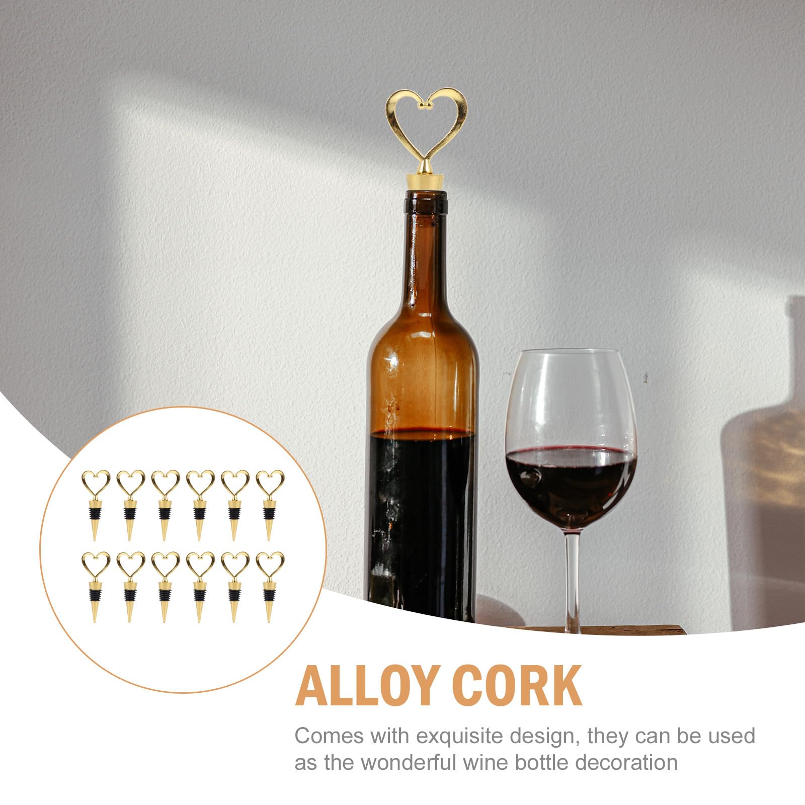 TOYANDONA Tapones de Vino de Aleación Forma de Corazón Dorados 12 Unidades Tapón Hermético para Mantener Frescura Accesorios para Botellas de Vino Conservación y Cócteles