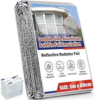 KAHEIGN Folha de Isolamento do Radiador, 5m x 60cm Folha Refletora de Isolamento de Bolhas de 4mm Espessura Refletor de Radiador Envolvente Refletivo de Calor com 12 Almofadas Adesivas