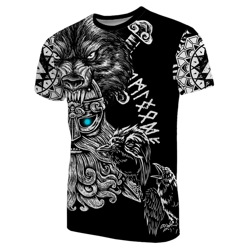 T-shirt Viking Odin pour homme avec impression loup 3D et tatouage nordique noir