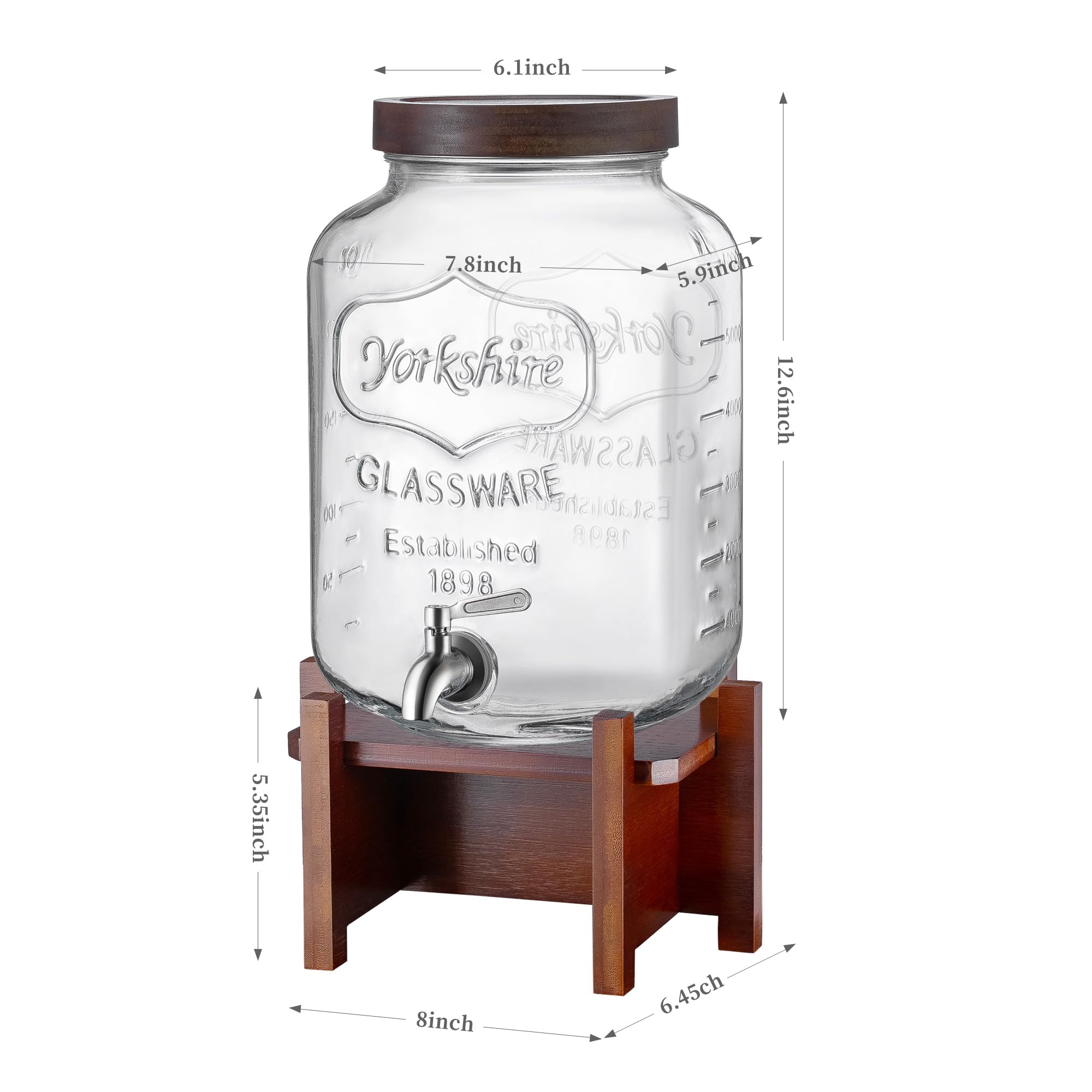 Dispensador de bebidas con soporte de madera de acacia y tapa, dispensador de bebidas de vidrio de 2 galones con espiga de acero inoxidable para fiestas, picnics, barbacoas, limonada, tarro de té