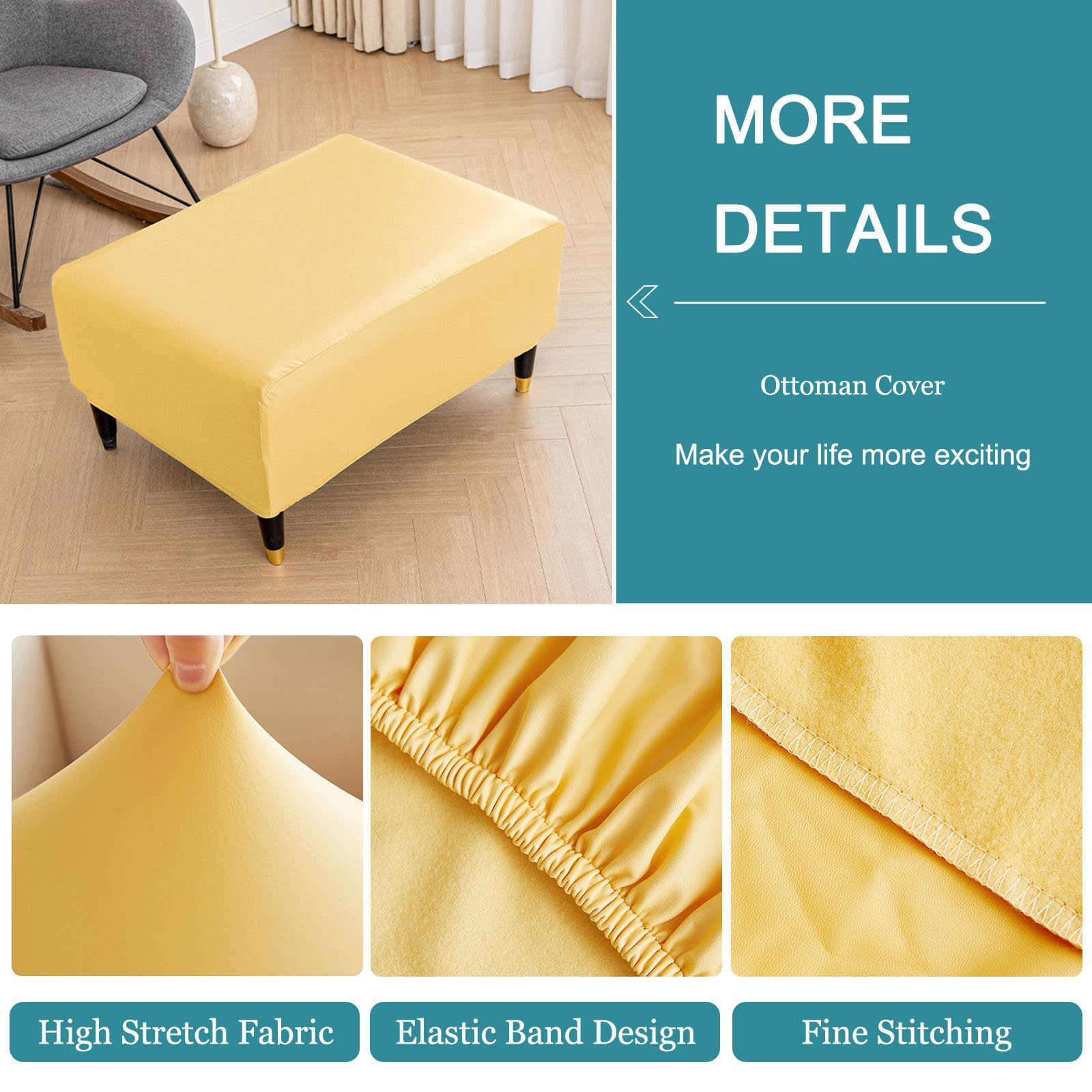 Funda otomana impermeable de piel sintética suave y elástica para reposapiés plegable, parte inferior elástica extraíble, color amarillo, se adapta a otomanas de 130 a 140 cm