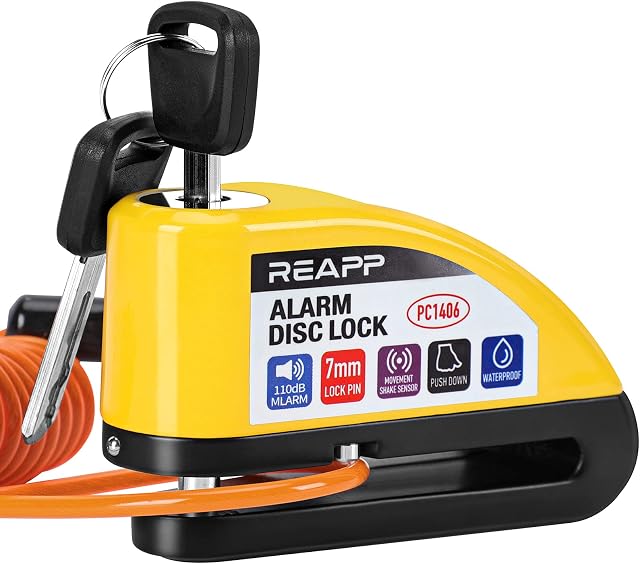 REAPP Alarm Disc Lock Motorbike Lock, Disc Brake Lock 110db with Reminder Cable and Carry Pouch, High Security Disc Lock for Motorcycle Bike Moped Vespa Motocross