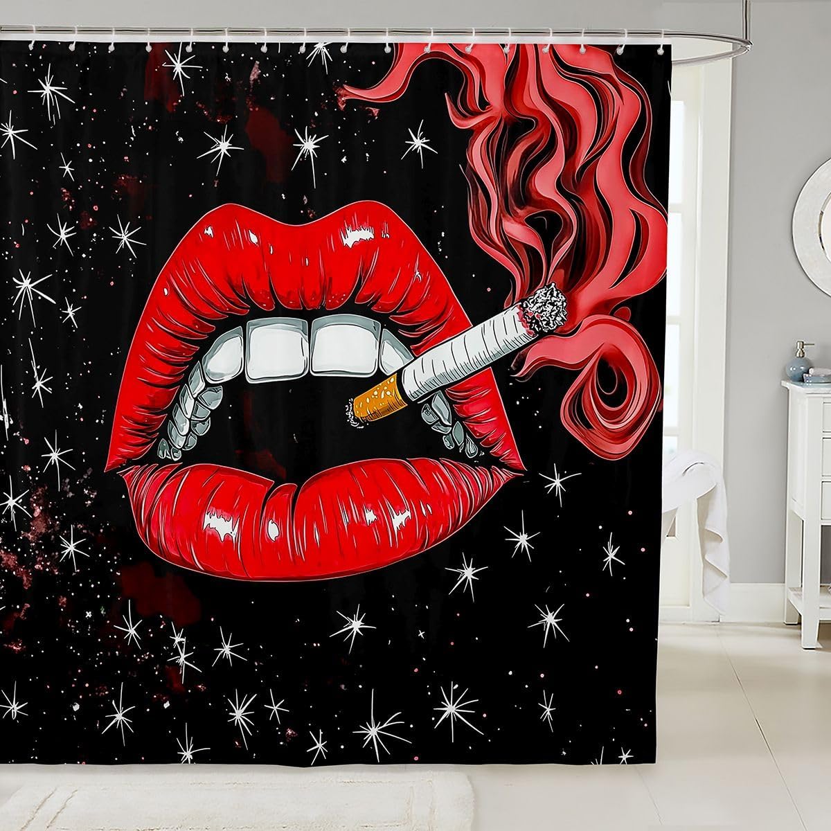 Red Lips Pattern Shower Curtain Set,Foggy Smoke Woman Bathroom Curtain ,Kids Girls Teens Black White Starry Sky Waterproof Fabrics Trippy Anime Style Bathroom Decor with 12 Hooks,72"W x 72"L