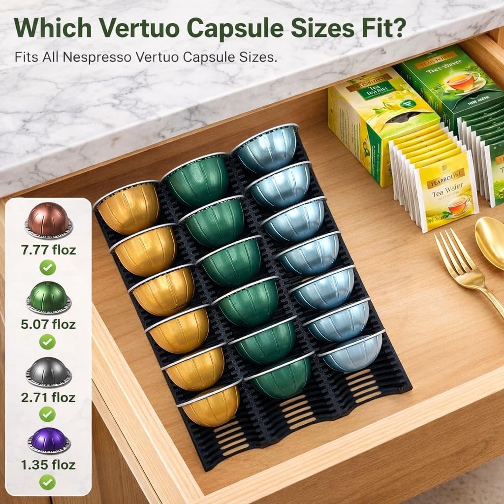 Coffee Pod Drawer Organizer for Vertuo Capsules – Holds 30 Large or 40 Small Pods, Space-Saving Insert Tray for Cabinets & Countertops, 10.4" x 9.2" x 1.2"