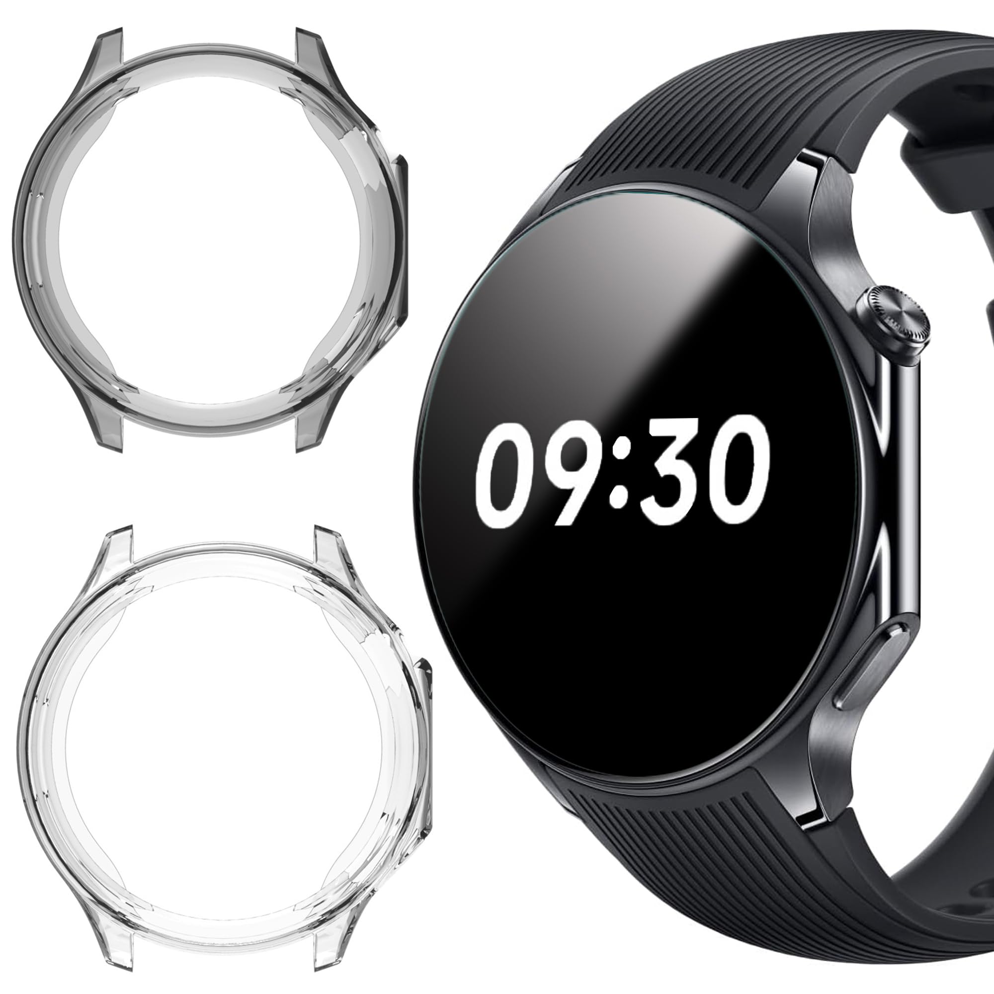 Compatible for OnePlus Watch 2 Case, Lamshaw TPU Silicone Slim Case Shock-Proof Cover Protective Bumper Shell Case Compatible for OnePlus Watch 2 Smartwatch (2 Pack-Black+Clear)