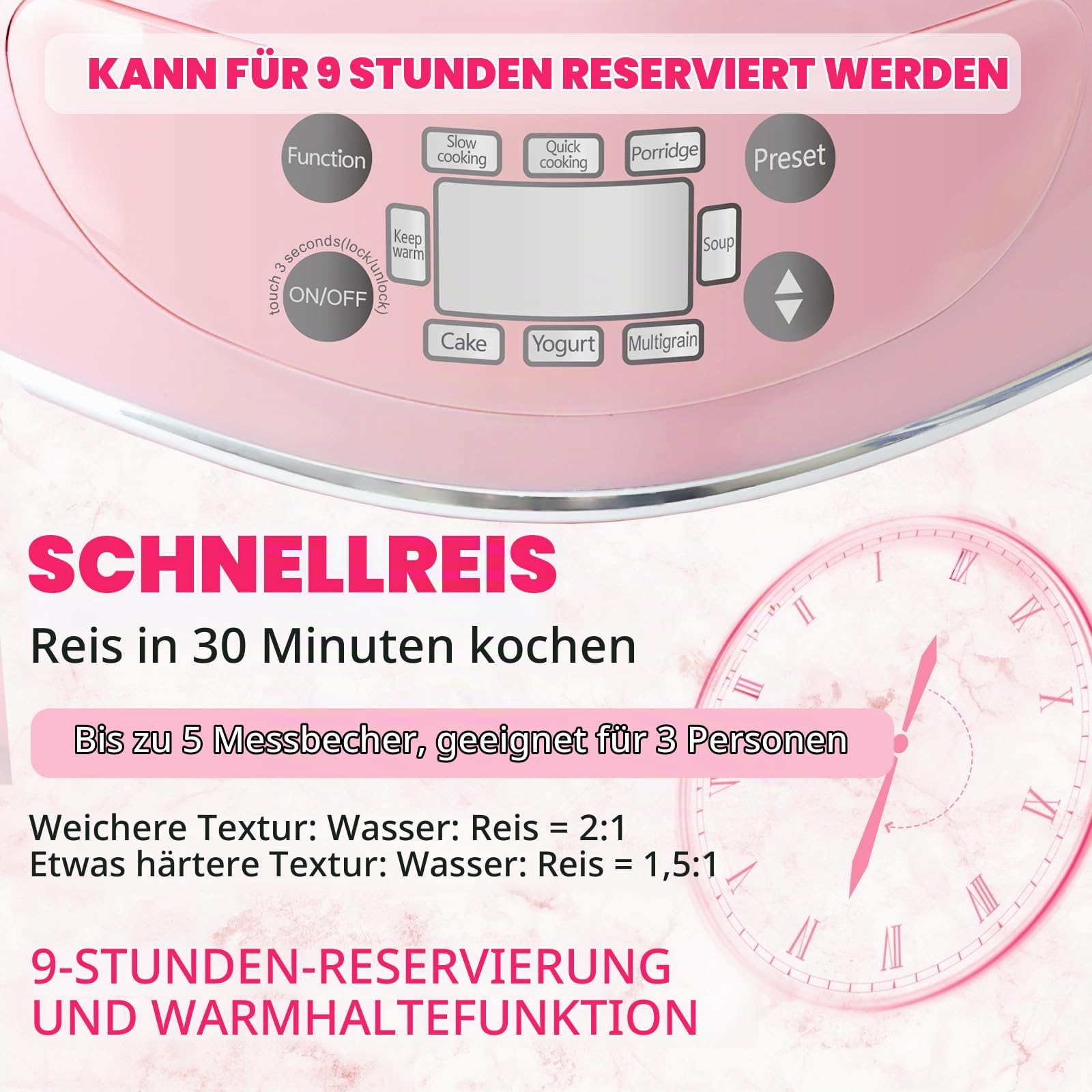 Pfirsichförmiger Reiskocher, 6-in-1-Reiskocher in Rosa, smarter, niedlicher Reiskocher mit Antihaftbeschichtung, voreingestelltem Timer und automatischer Warmhaltefunktion, ideal als Geschenk, 1,8 l