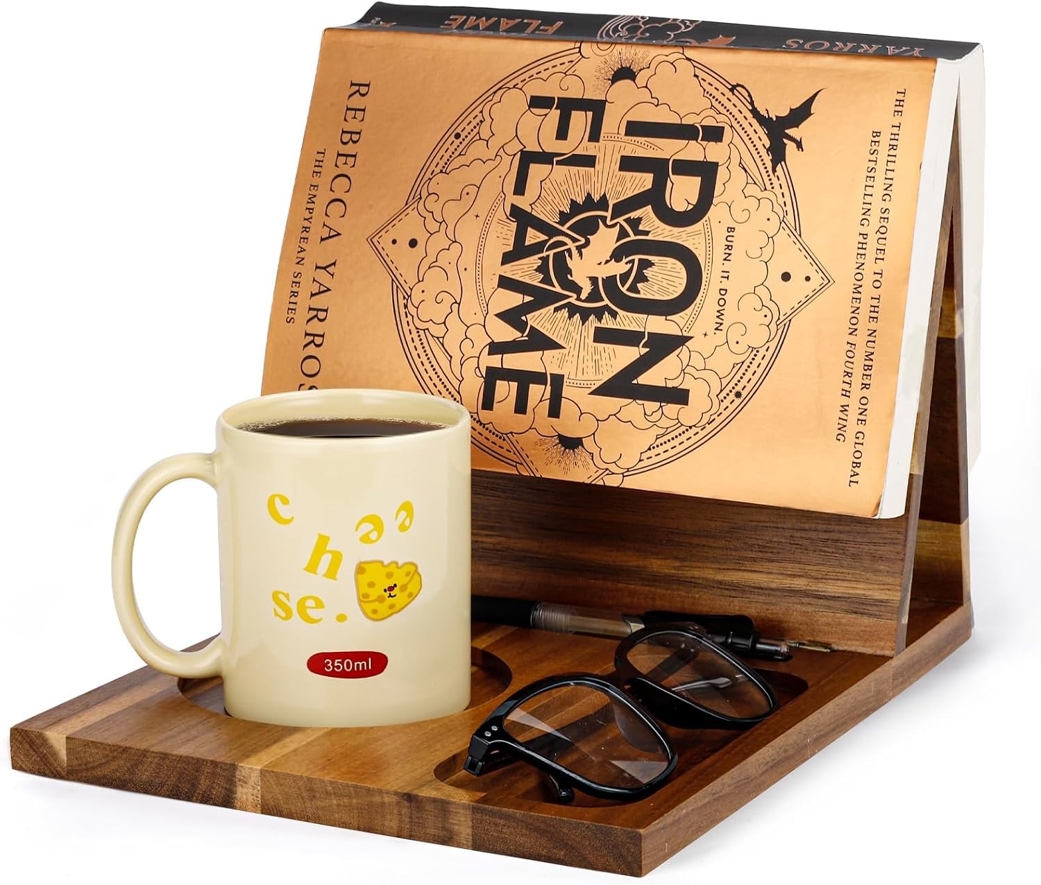 Solid Sheesham Wood Book Stand for Reading Rest, Acacia Triangle Book Holder with Cup | Glasses, Pen & Phone Holder | Unique Small Bookshelf | (Honey Finish)-image-18