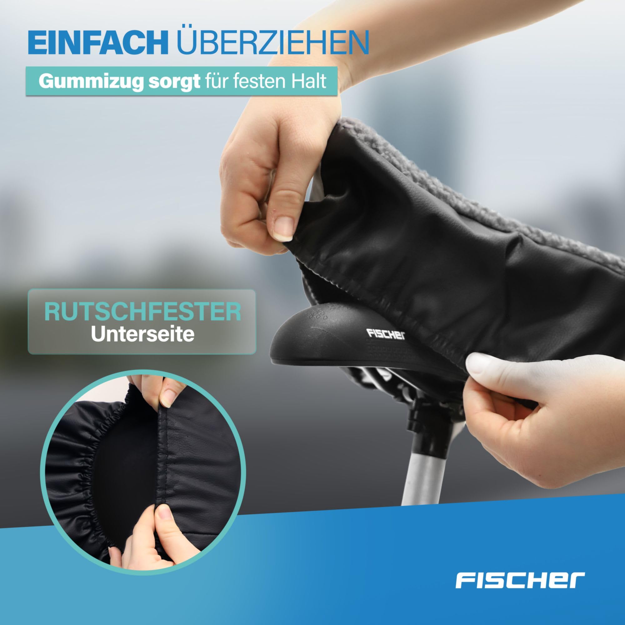 FISCHER Fahrrad Sattelbezug wendbar - Weiche Satteldecke mit Fell-Imitat & wasserabweisendem Kunstleder, warm, rutschfest, komfortabel… – Ansicht 6