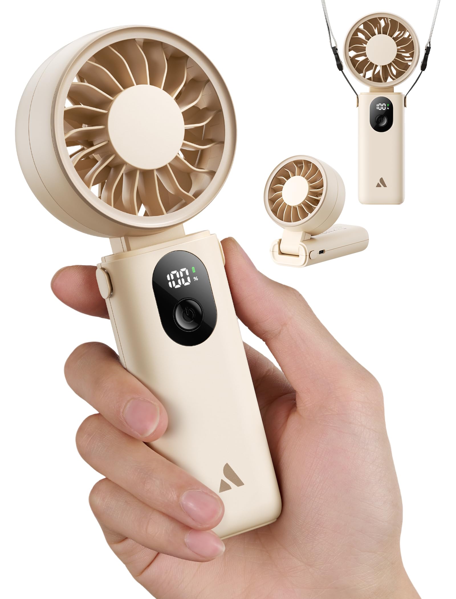 Aecooly 3-in-1 Handventilator | Max. 20 Stunden Laufzeit | 5 Windstufen mit LED-Anzeige | USB-wiederaufladbarer Mini Ventilator | Reise, Outdoor, Büro | Geschenke für Frauen – Beige