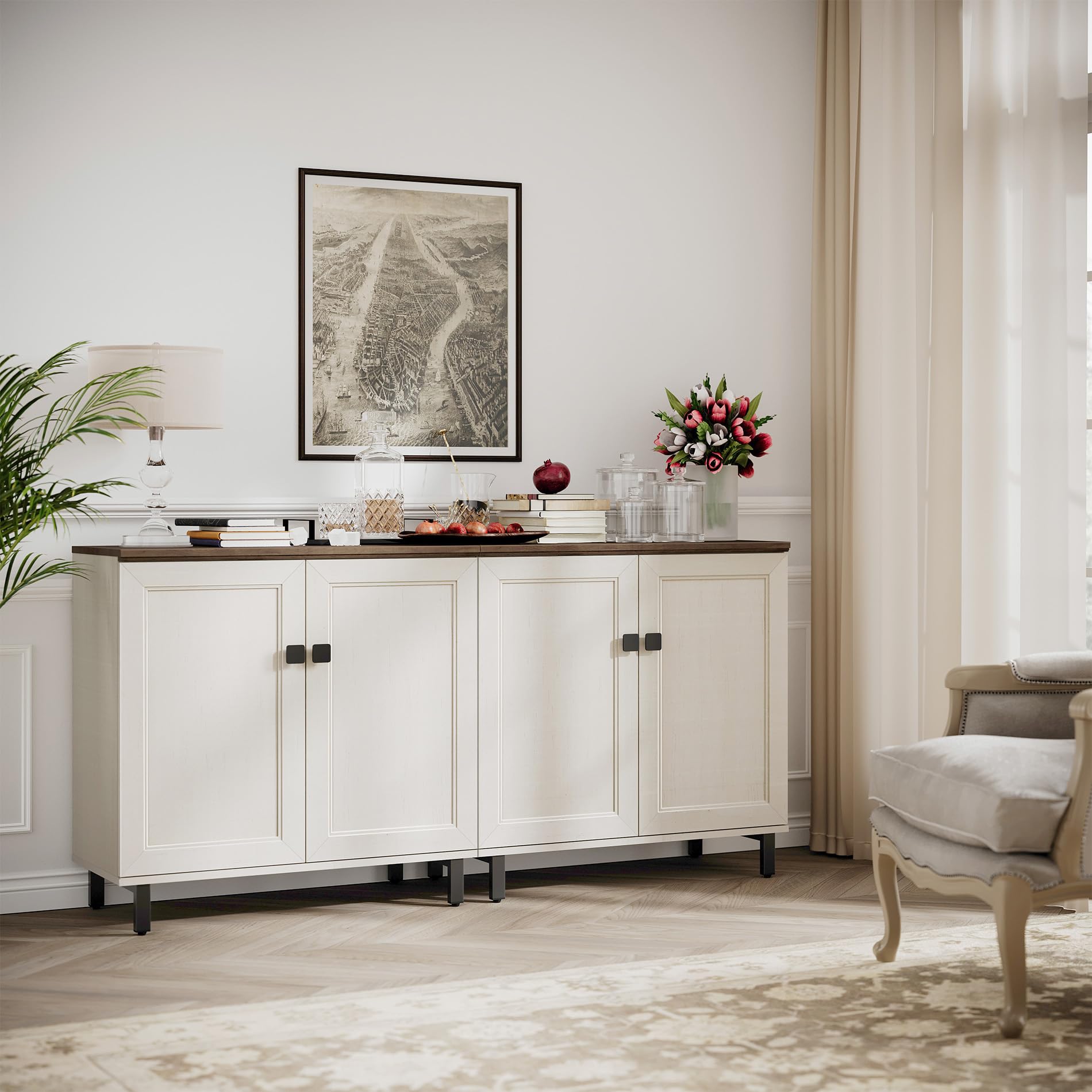 FENSULN Buffet Sideboard Cabinet Farmhouse Modern 2 in 1 Storage Cabinet with Adjustable Shelves for Kitchen, Coffee Bar, Living Room, White