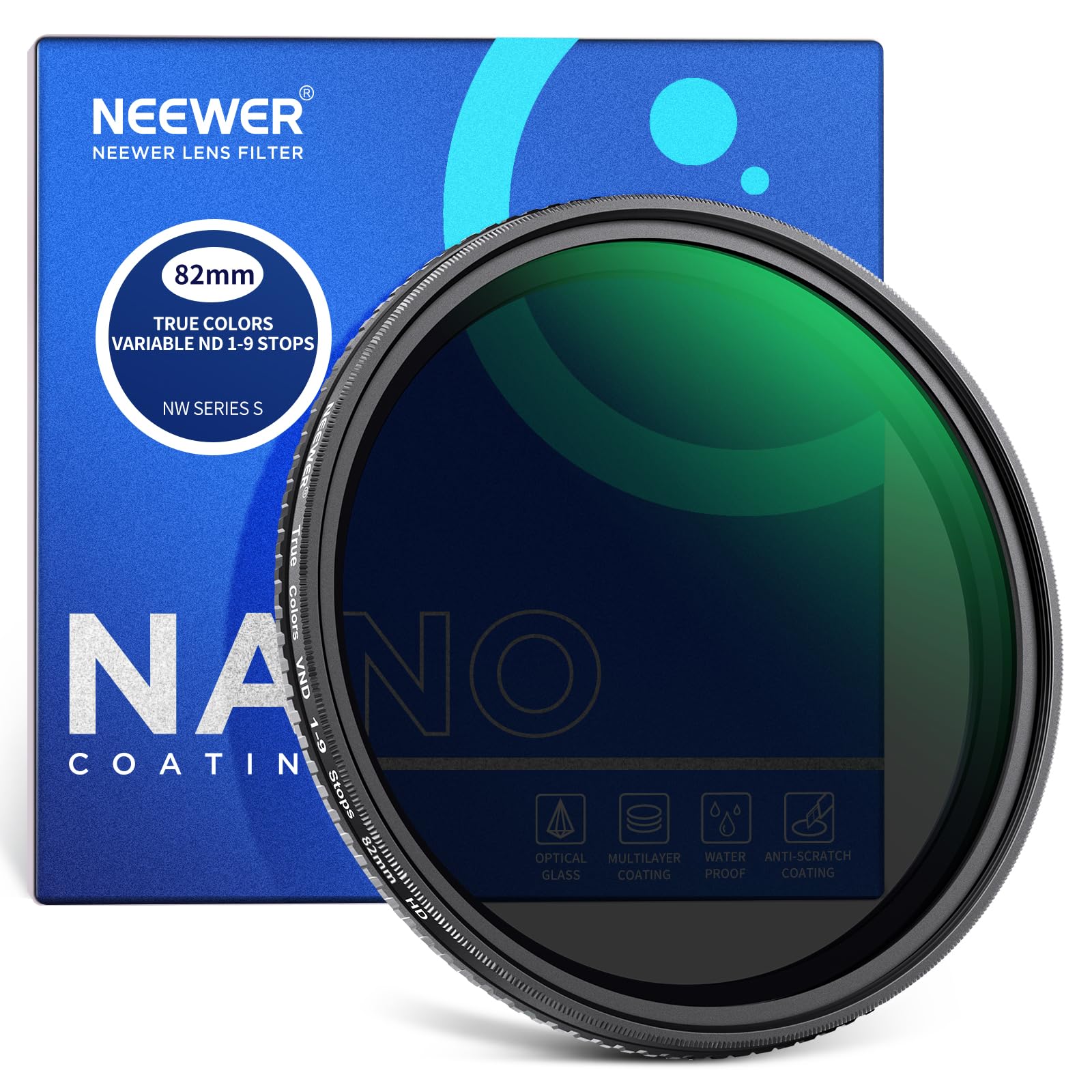 NEEWER 82 mm True Colors zmienny filtr ND2-ND400, twarde ograniczniki, regulowany filtr VND o neutralnej gęstości, z wielowarstwowym szkłem optycznym HD, aluminiową ramą, wodoodpornym, odpornym na