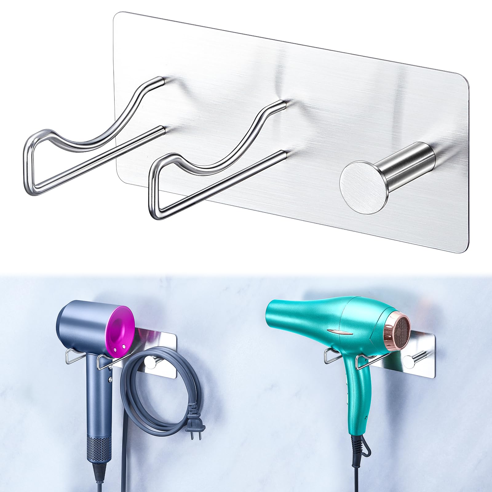 Hair Dryer Holder Wall Mounted, Universal Blow Dryer Holder, Hairdryer Storage Hanger with Plug&amp;Cord Hook, Adhesive Hair Tool Organizer for Bathroom, Silver