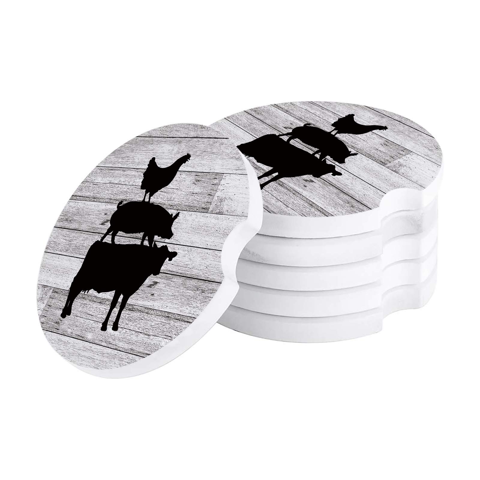 Car Coasters Absorbent Ceramic for Cup Holder Farmhouse Rustic Animals Cow Pig Chicken On White Wood Plank Texture Anti Slip Cup Mat Set for All Cars Cup Holder Coasters for Cold Drink Set of 6