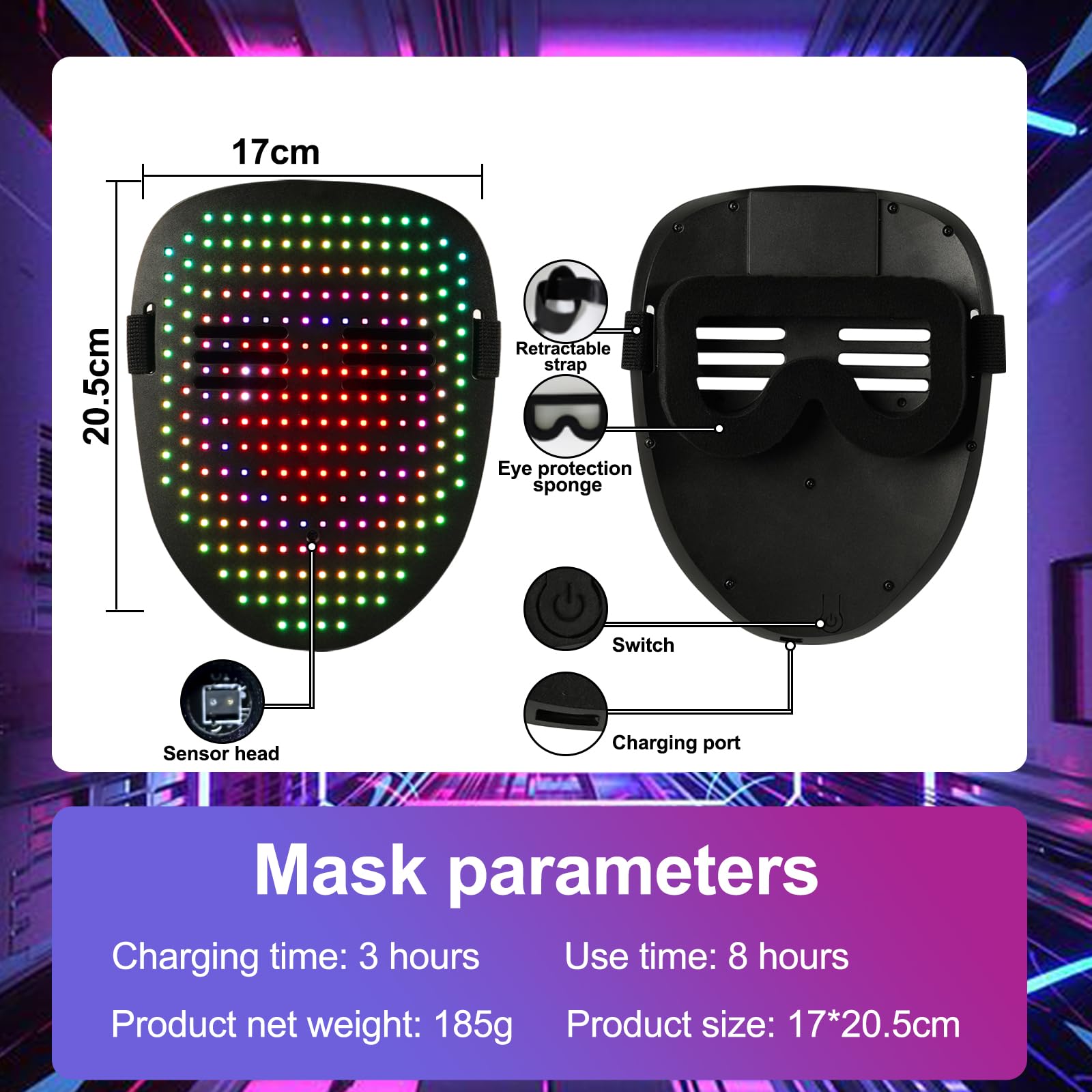 Maschera Halloween, Maschera Led Glitterper Costumi Halloween/Carnevale/Feste Cosplay, Maschera Led Halloween, Dotata di 234 nuovi LED RGB, 800 mAh, Ghostface Mask con Rilevamento Gesti