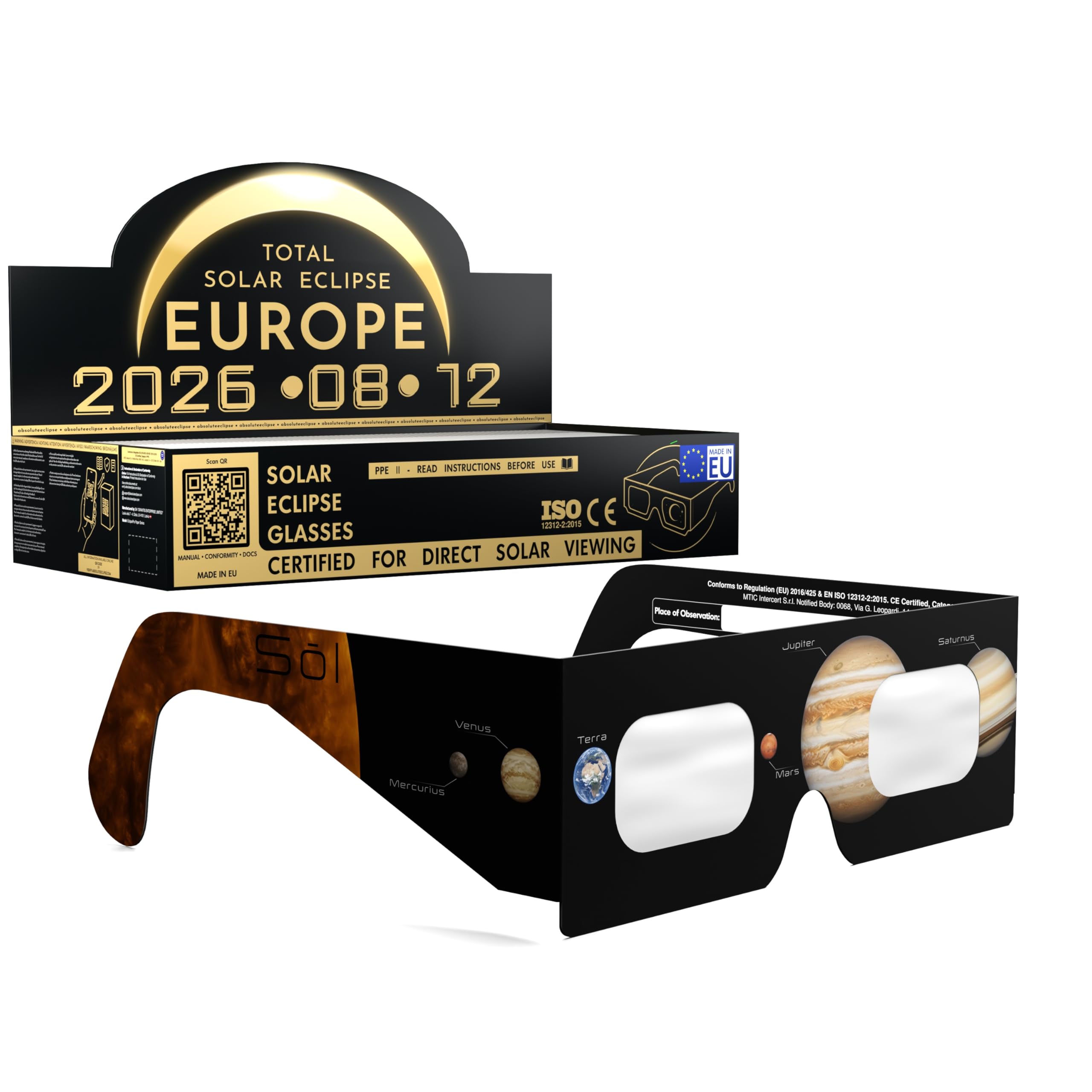 Absolute Eclipse Planets Solar Eclipse Glasses Bulk Wholesale - ISO 12312-2 probado y certificado CE - Fabricante de la UE recomendado por AAS - Eclipse Europe 2026