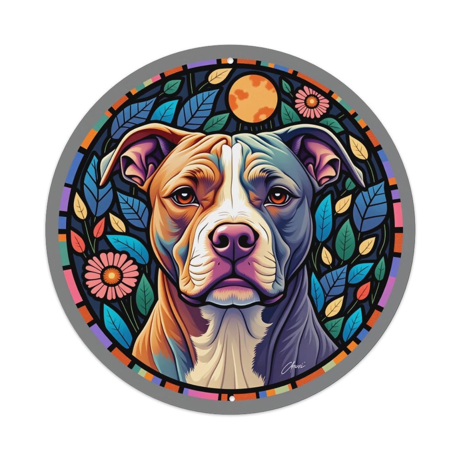 Colorful Dog Portrait With Floral Background Round Tin Sign Vintage Metal Sign Home Bar Garden Indoor & Outdoor Wall Decor Retro Metal Poster 8x8 Inch