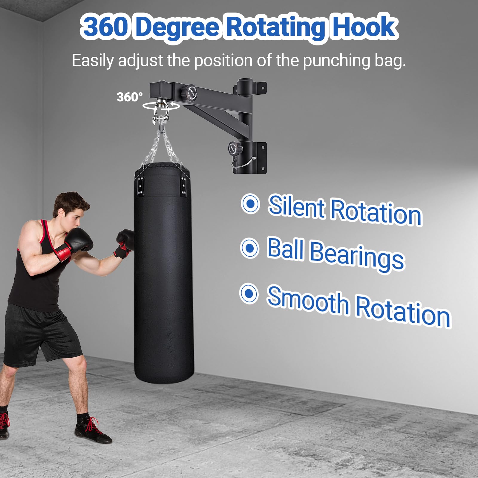 Boxsack Halterung Wand, Verstellbar 43-63 cm, Klappbar, 360° Silent Rotation, Verstärkte Stahlplatten, Boxsack Wandhalter, Boxsack Halter, Boxsack Aufhängung