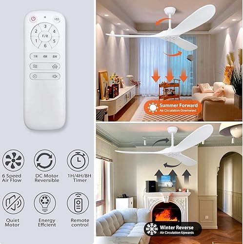 Miniatura 4 de Ventilador de techo de madera de 70 pulgadas sin luz, ventiladores de techo con 3 aspas y varillas inferiores, 6 velocidades, motor de CC,