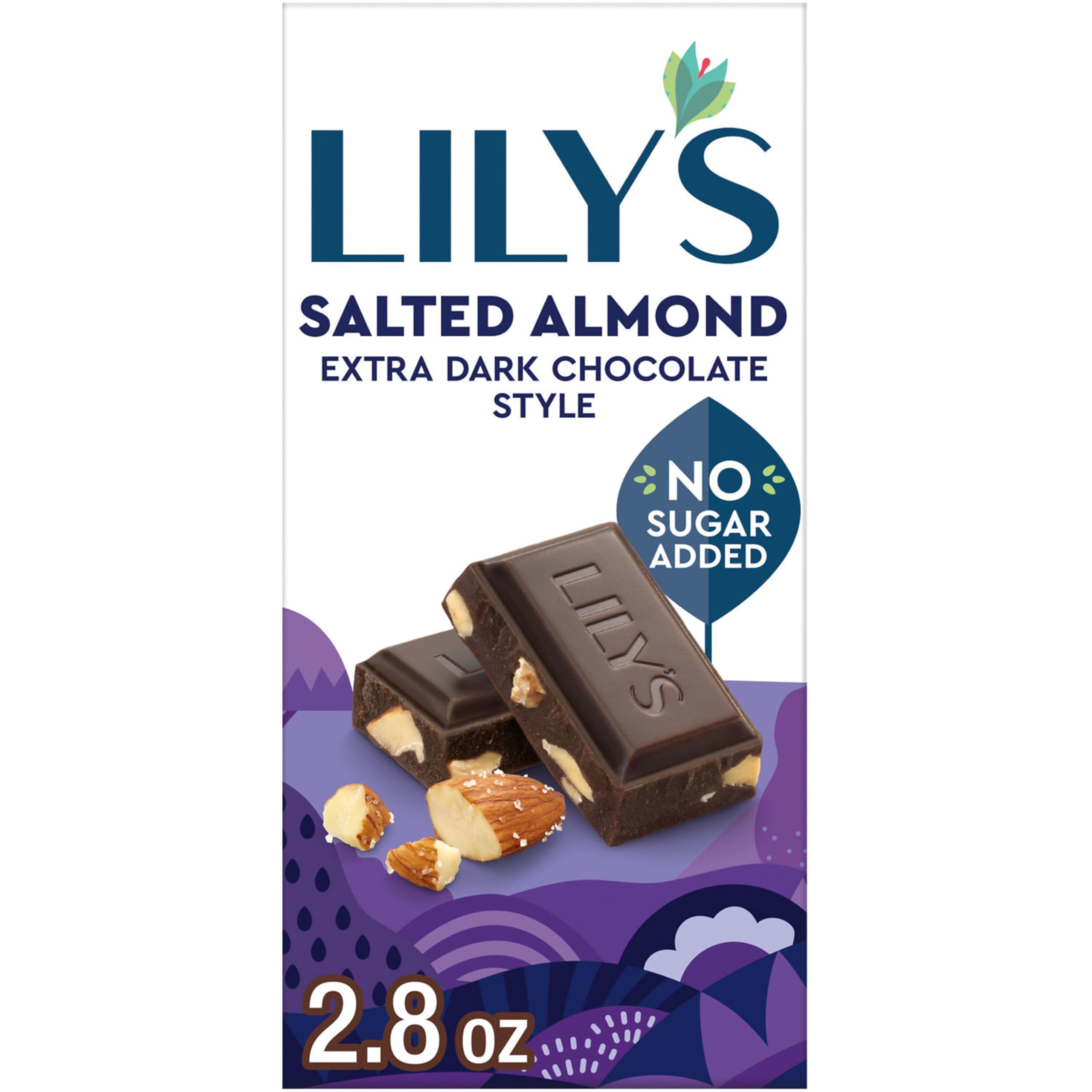 LILY'S Salted Almond Extra Dark Chocolate Style No Sugar Added, Sweets Bar, 2.8 oz