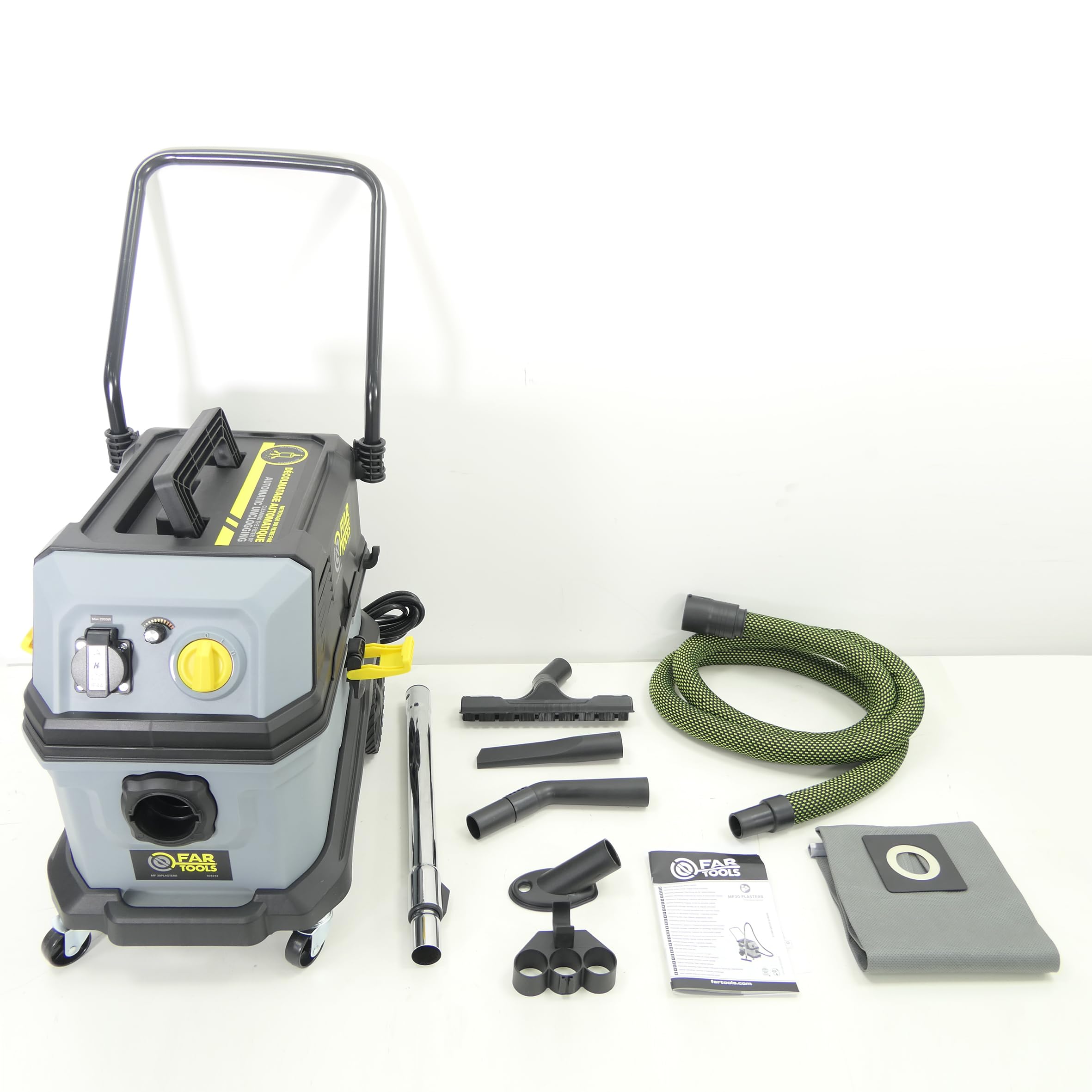 Fartools Aspirateur Eau, poussière, plâtre et gravats, Triple Filtration et décomatage 1600W 35L, Prise asservie, variateur de Vitesse, Trolley, Nombreux Accessoires