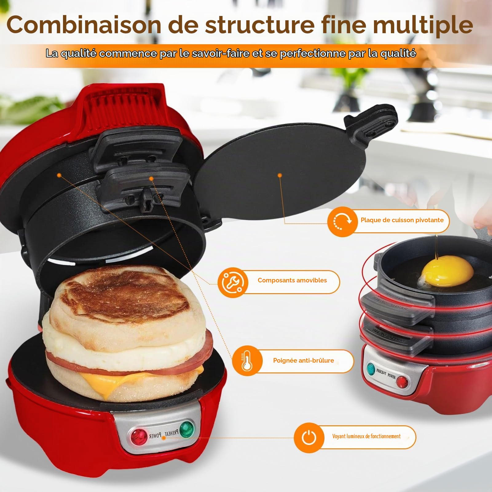 Appareils À Sandwiches, Muffin Burger Maker Et Grill Sandwich/Hamburger, Avec Une Bague À Œufs, Parfait Pour Le Hamburger, Collations, Petit Déjeuner Rapide (Rouge)