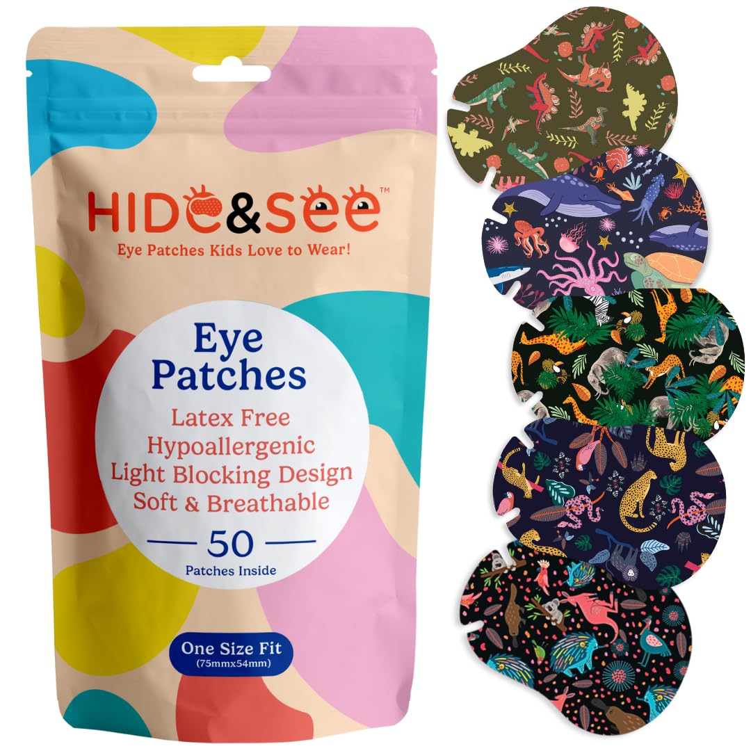 HIDE&SEE Speckles Augenklappen für Kinder, lustige und bequeme hypoallergene Pflaster für Amblyopie-Behandlung für Jungen und Mädchen, inklusive Belohnungstabelle, 50 Stück