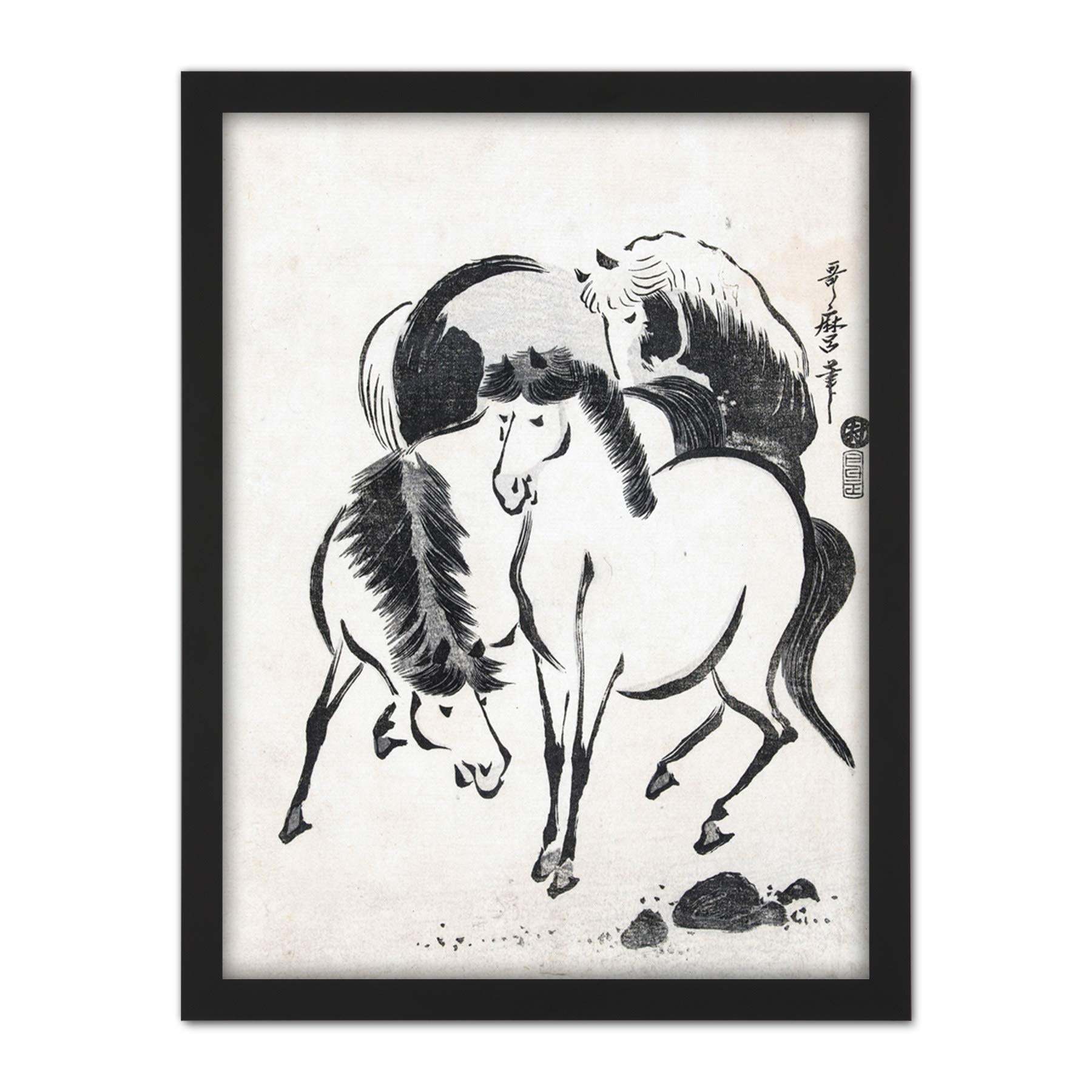 Artery8 Kitagawa Utamaro Three Horses Japanese Drawing Artwork Framed Wall Art Print 18X24 Inch