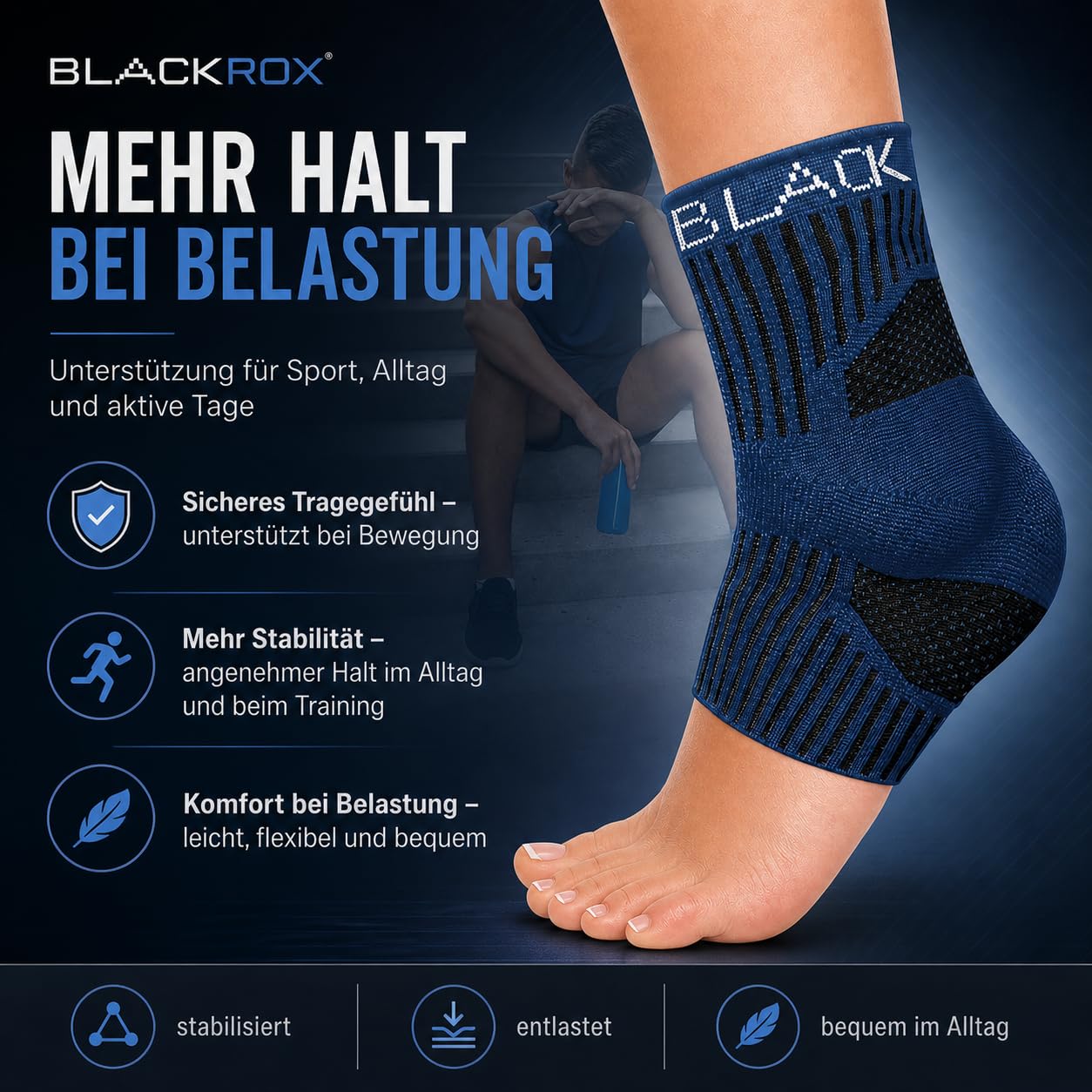 BLACKROX SPRUNGGELENKBANDAGE ANANKLE – Knöchelbandage für Damen & Herren – Fußbandage zur Stabilisierung beim Sport, Fußball, Joggen & Training – Blau/Gr. M
