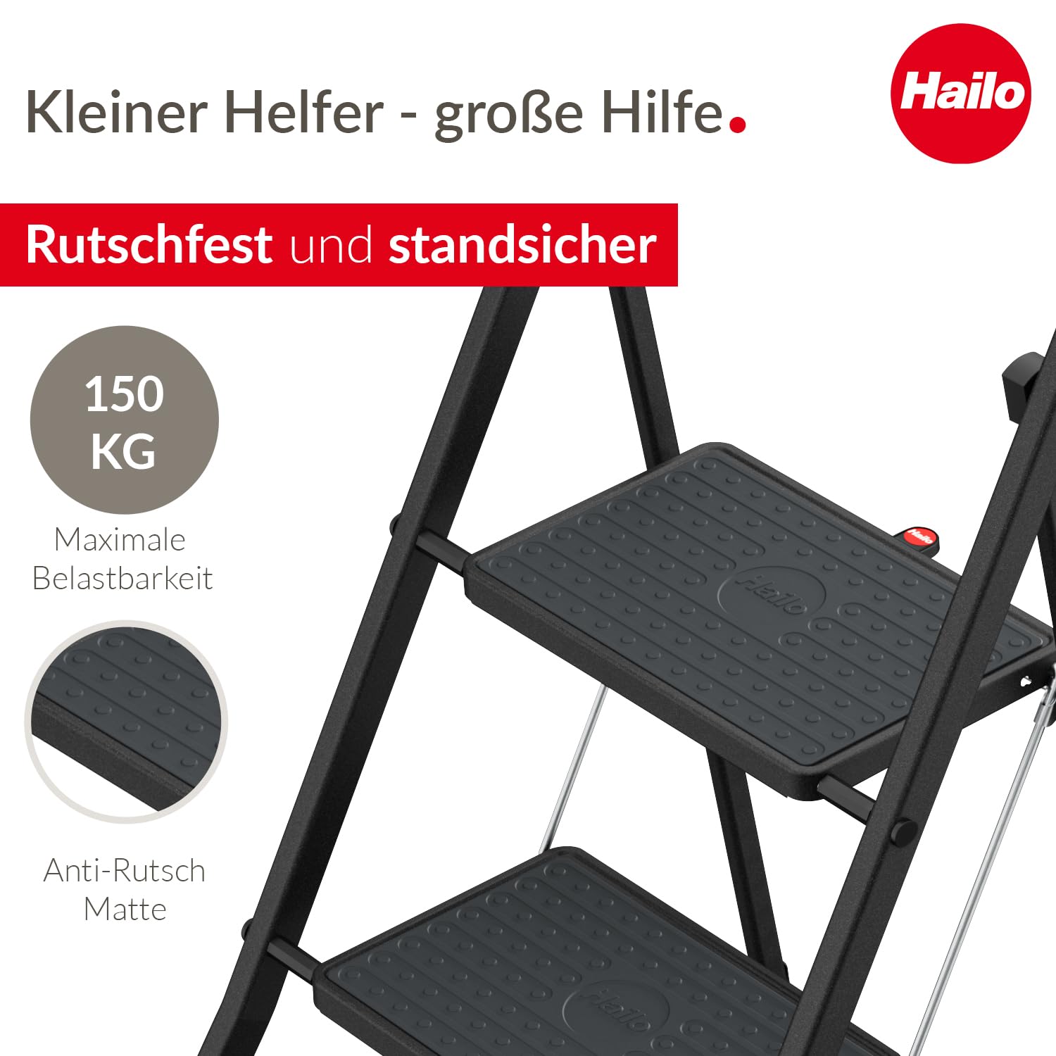 Hailo K77 ComfortLine Klapptritt - 3-stufige Trittleiter aus Stahl mit Sicherheitsbügel und Ablageschale - Arbeitshöhe bis 2,69 m - Gewicht: 6,8 kg - Schwarz