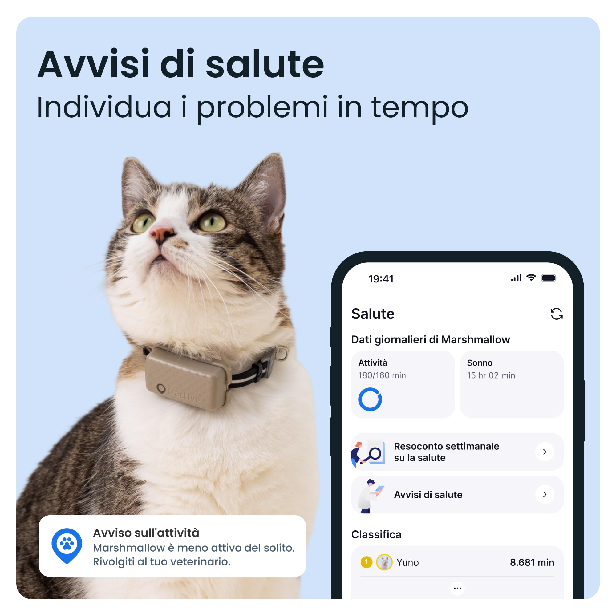 Tractive - GPS gatto modello Mini | N. 1 sul mercato | Localizzazione in tempo reale | Cronologia delle posizioni | Monitoraggio dell'attività | Collare incluso